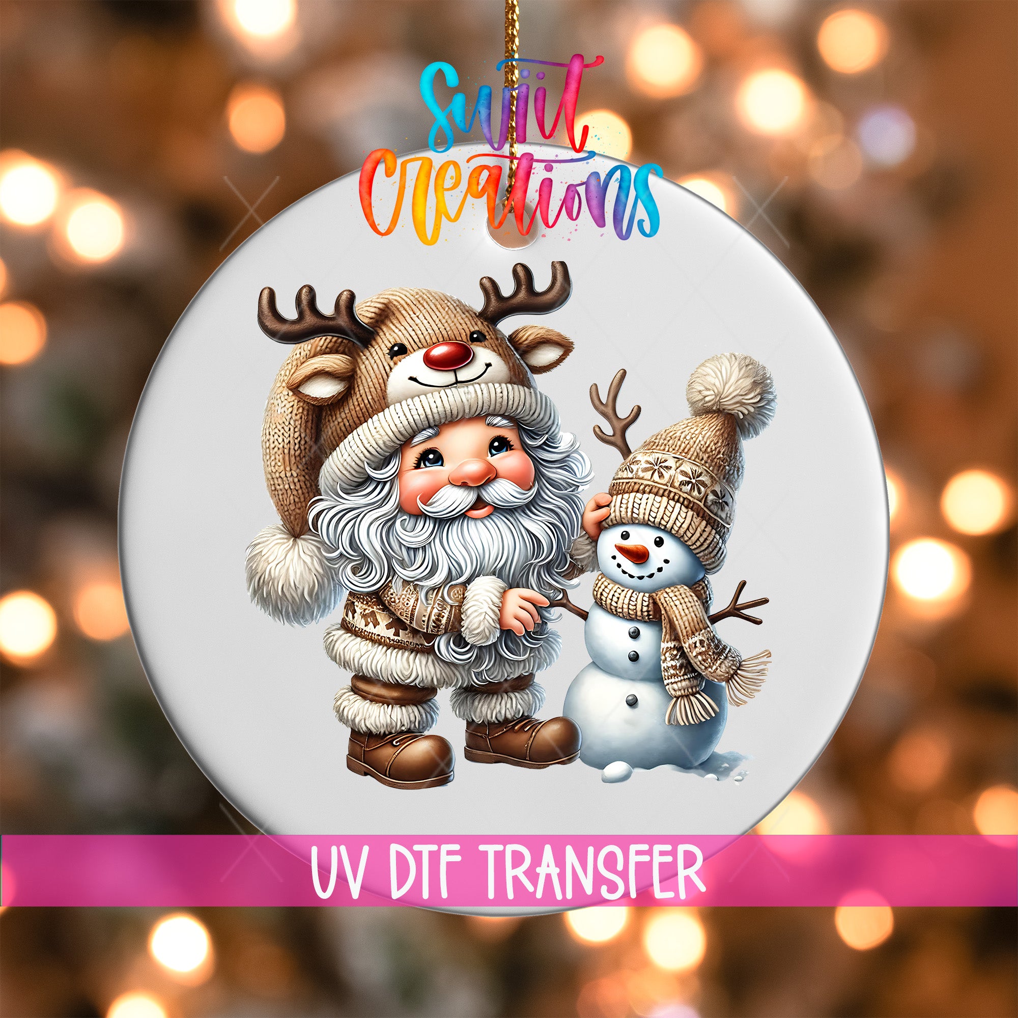 Santa Claus and a snowman are depicted in a festive scene, with Santa wearing a reindeer costume and the snowman wearing a scarf.