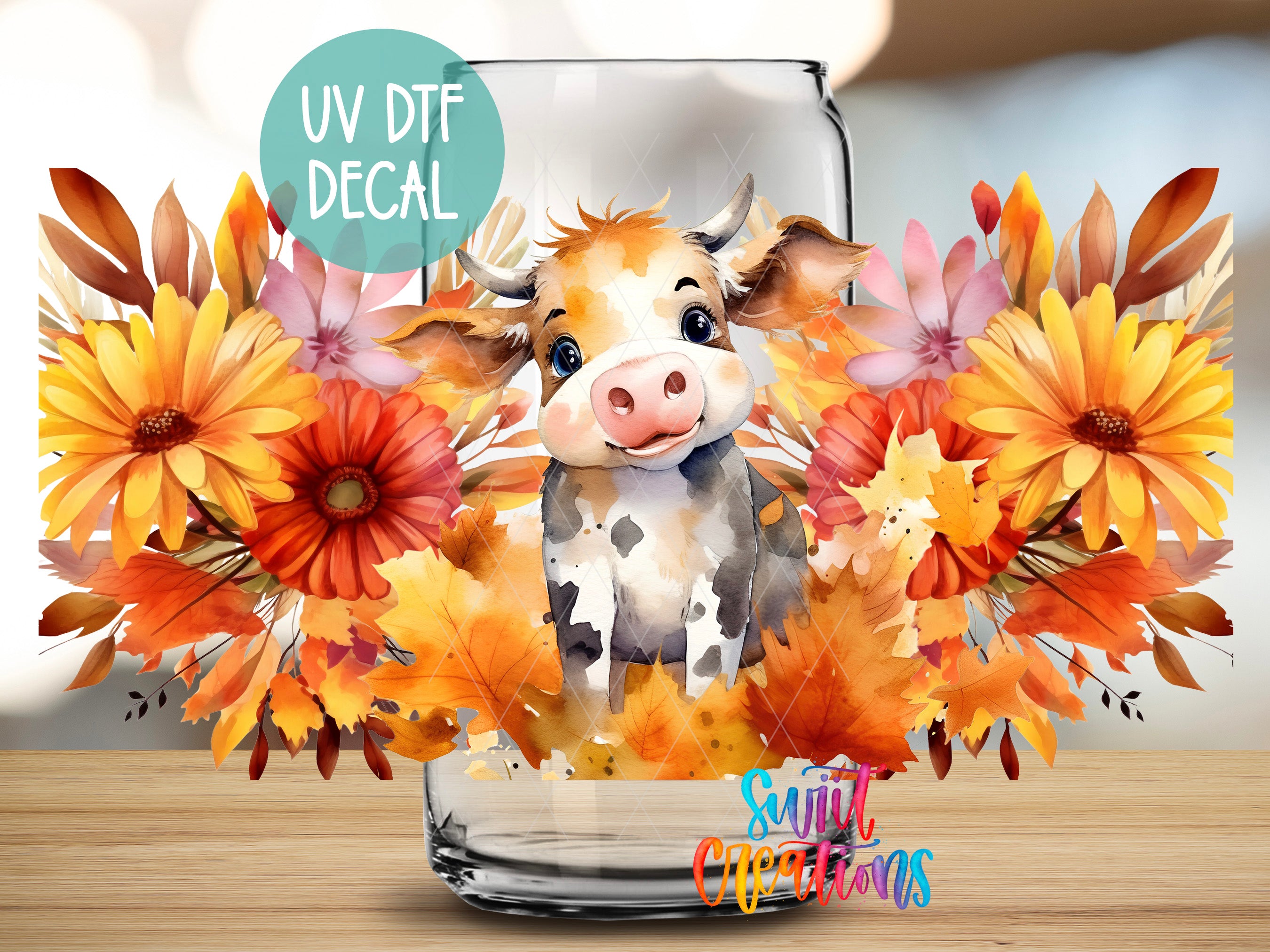 A glass jar filled with autumn leaves and flowers, featuring a cartoon cow peeking out from behind the leaves.