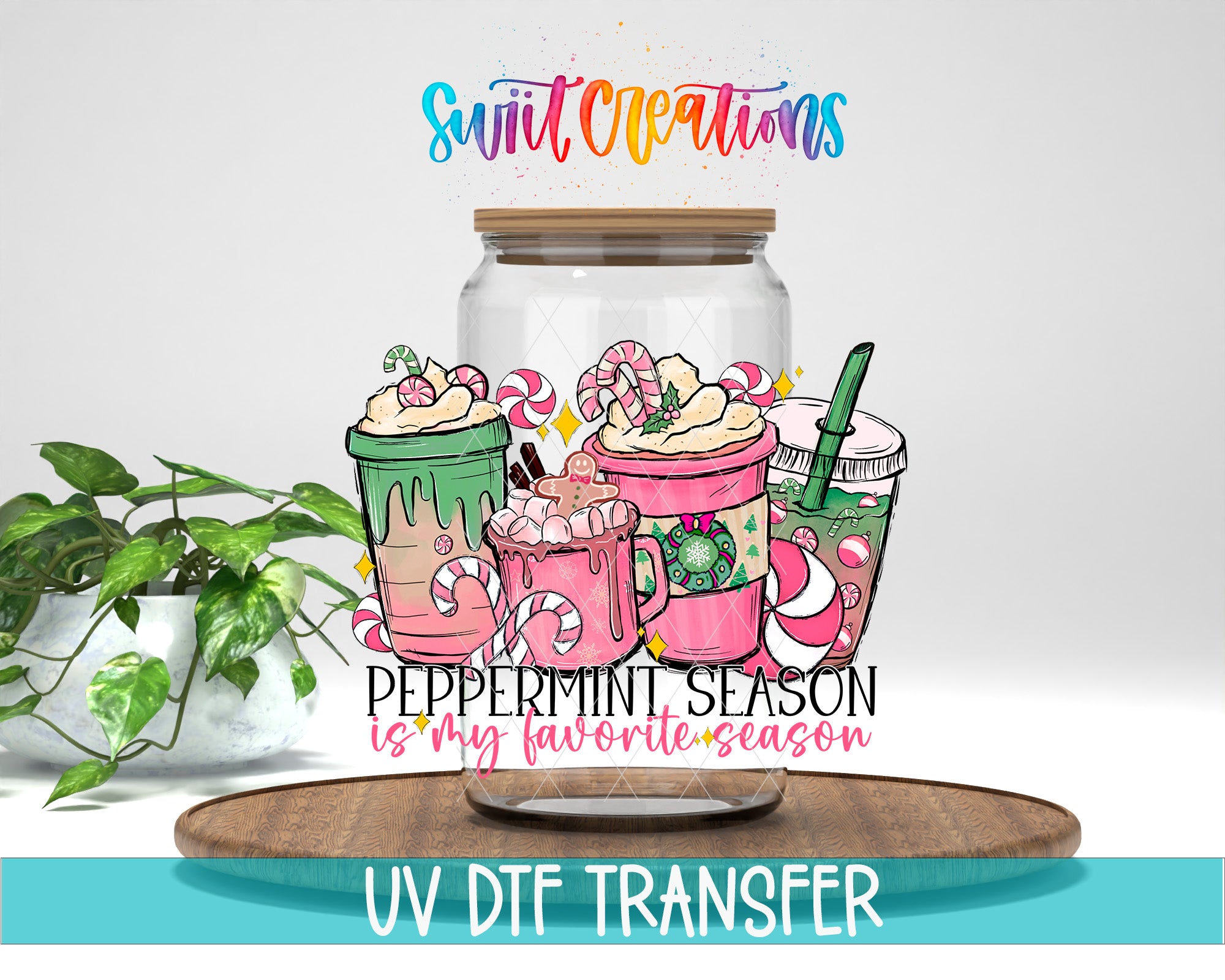 A glass jar filled with various colorful and whimsical items, such as candy canes, hot chocolate, and marshmallows, along with the text "Peppermint Season is my favorite season" and "Swift Creations".