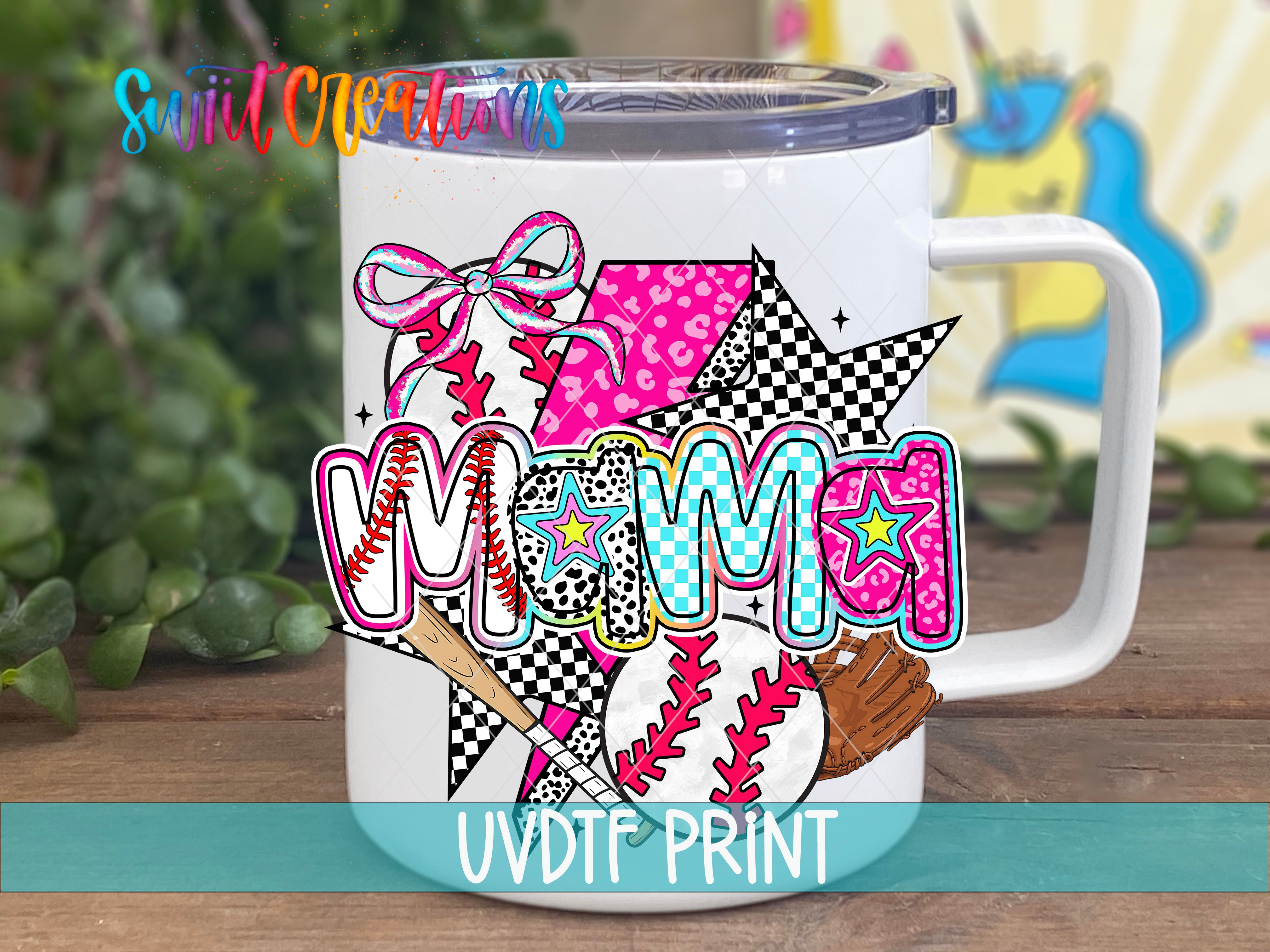 A white mug with a colorful, cartoon-style design featuring various sports elements such as baseballs, a bow, and a star.