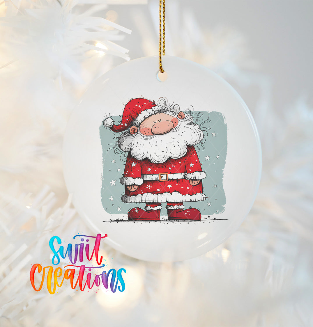 A white ornament featuring a cartoon illustration of Santa Claus wearing a red suit and hat, with snowflakes falling around him.