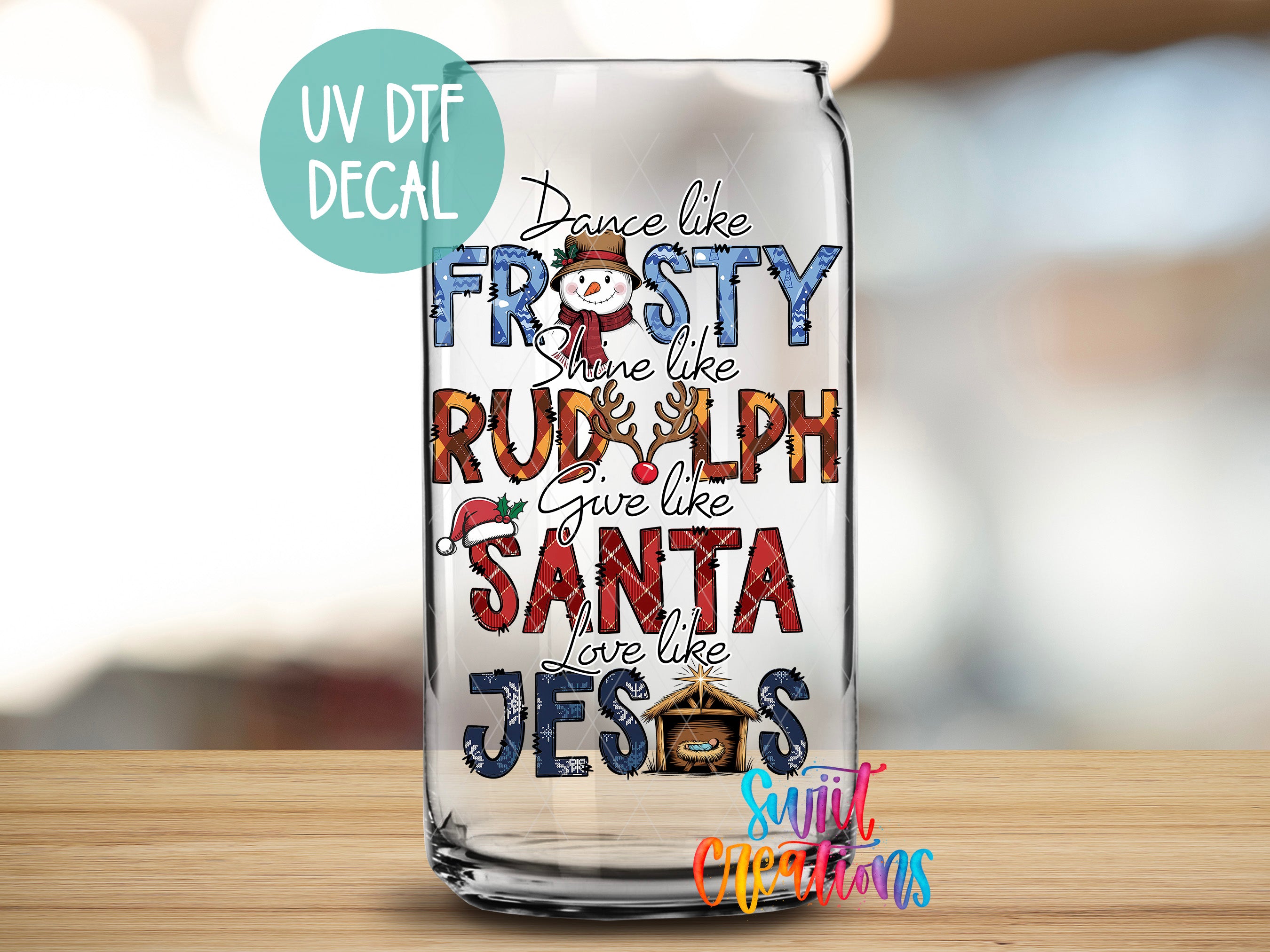 a glass with a message on it sitting on a table