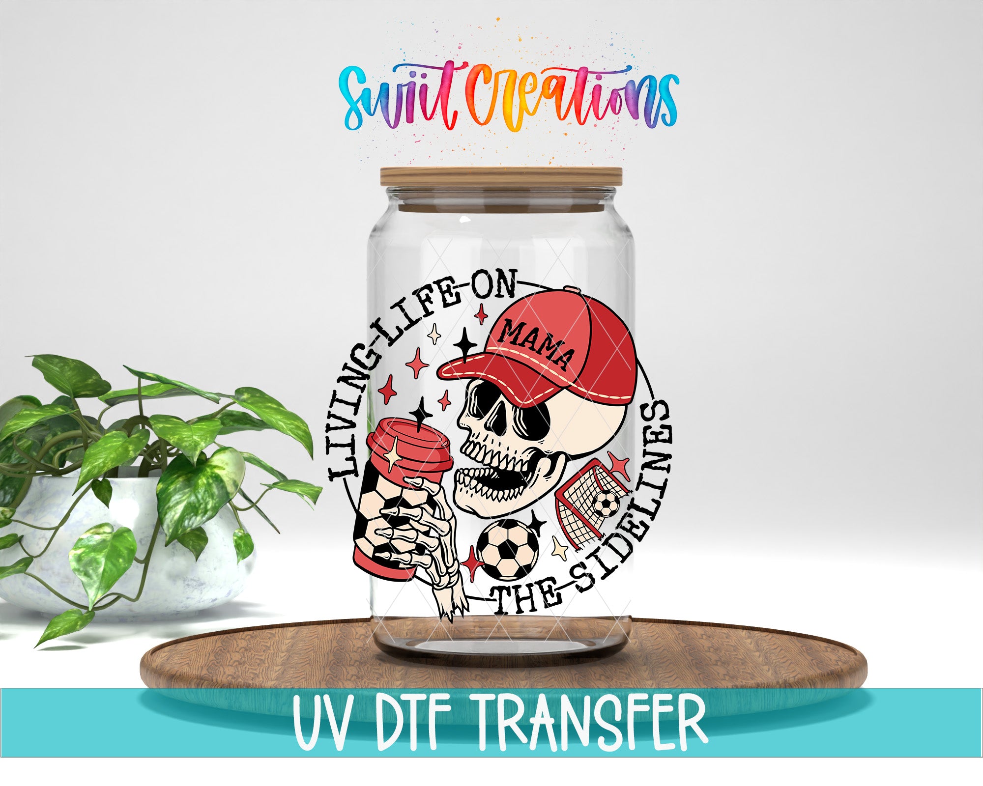 a glass jar with a skull wearing a red cap and holding a red cup, surrounded by a circular design with text and illustrations.