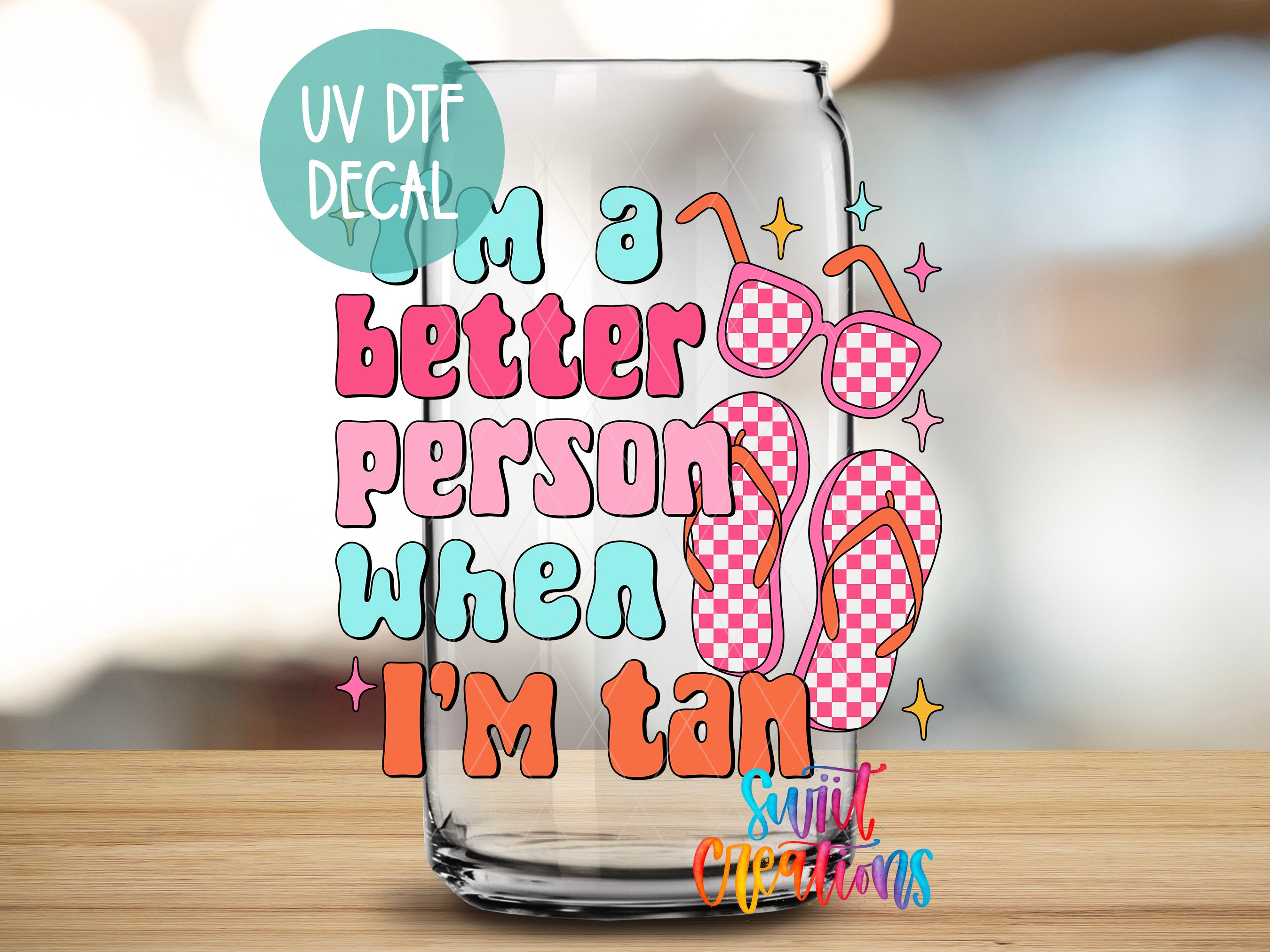 a glass jar with a UV decal on it, which contains a colorful and playful design with sunglasses, flip flops, and text.