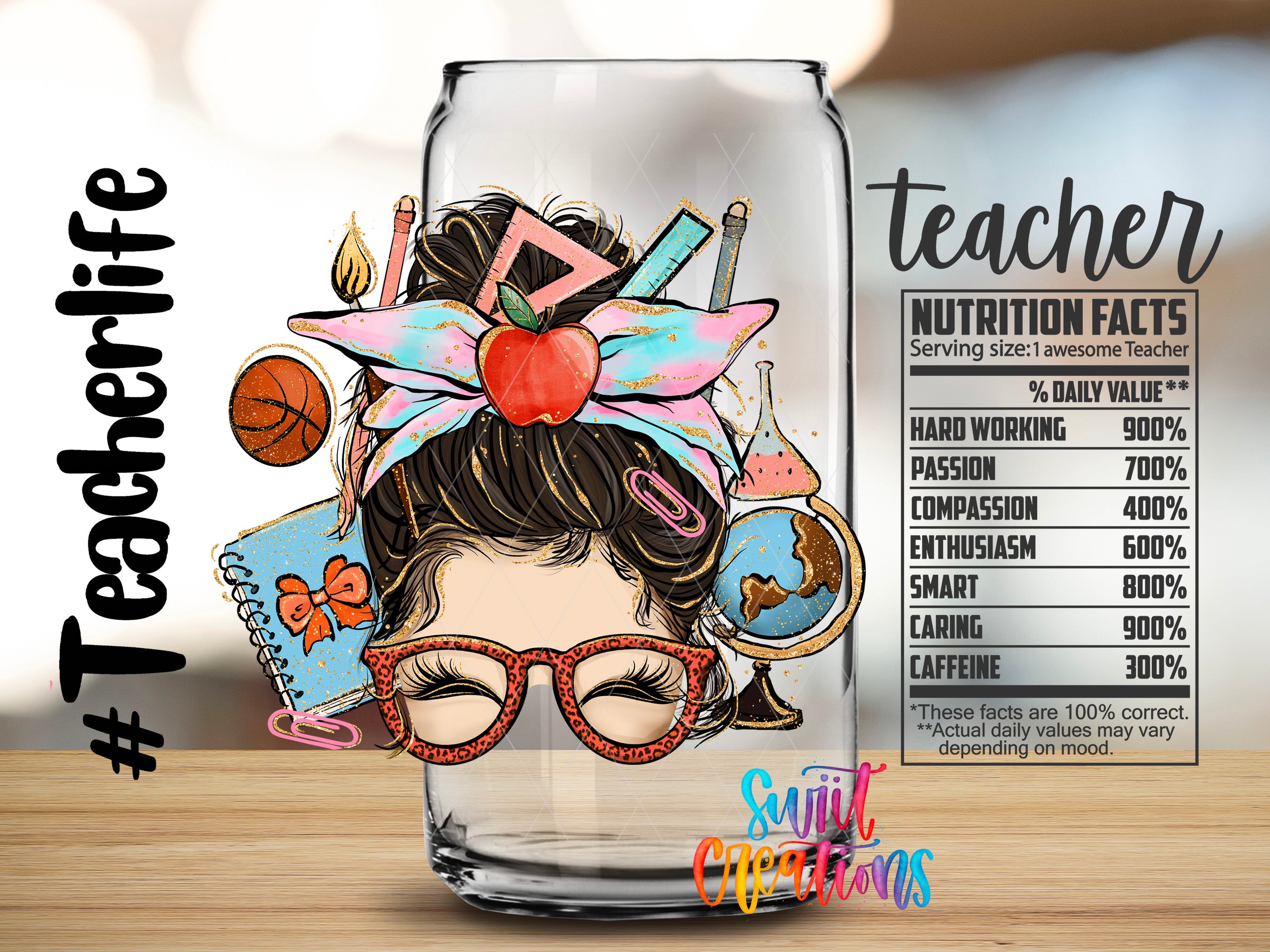 The image is a creative and colorful depiction of a teacher's life, featuring a glass jar with a woman's face and various school-related objects such as a basketball, a book, and a globe. The image also includes text providing nutrition facts about a teacher, including details about their daily value, daily calories, and caffeine content.