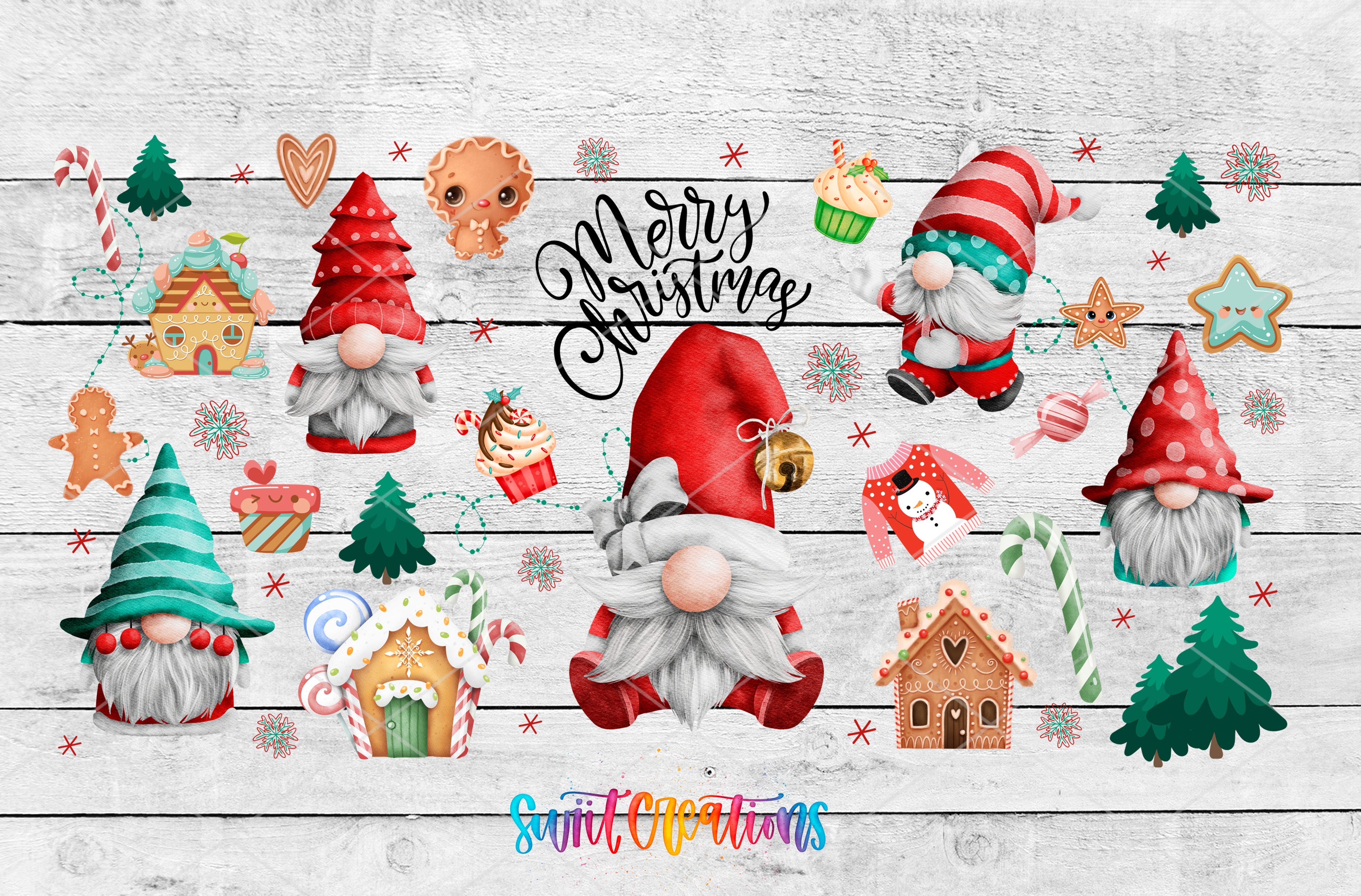 The image is a festive collage featuring various Christmas-themed gnomes and decorations, including gingerbread houses, stars, and other holiday-related items. The text "Merry Christmas" is prominently displayed, indicating the holiday season.