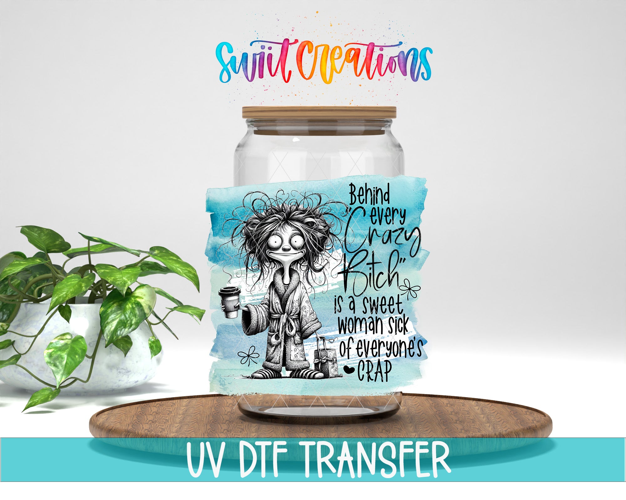 a jar with a label that includes a cartoon character and text, placed on a wooden surface.