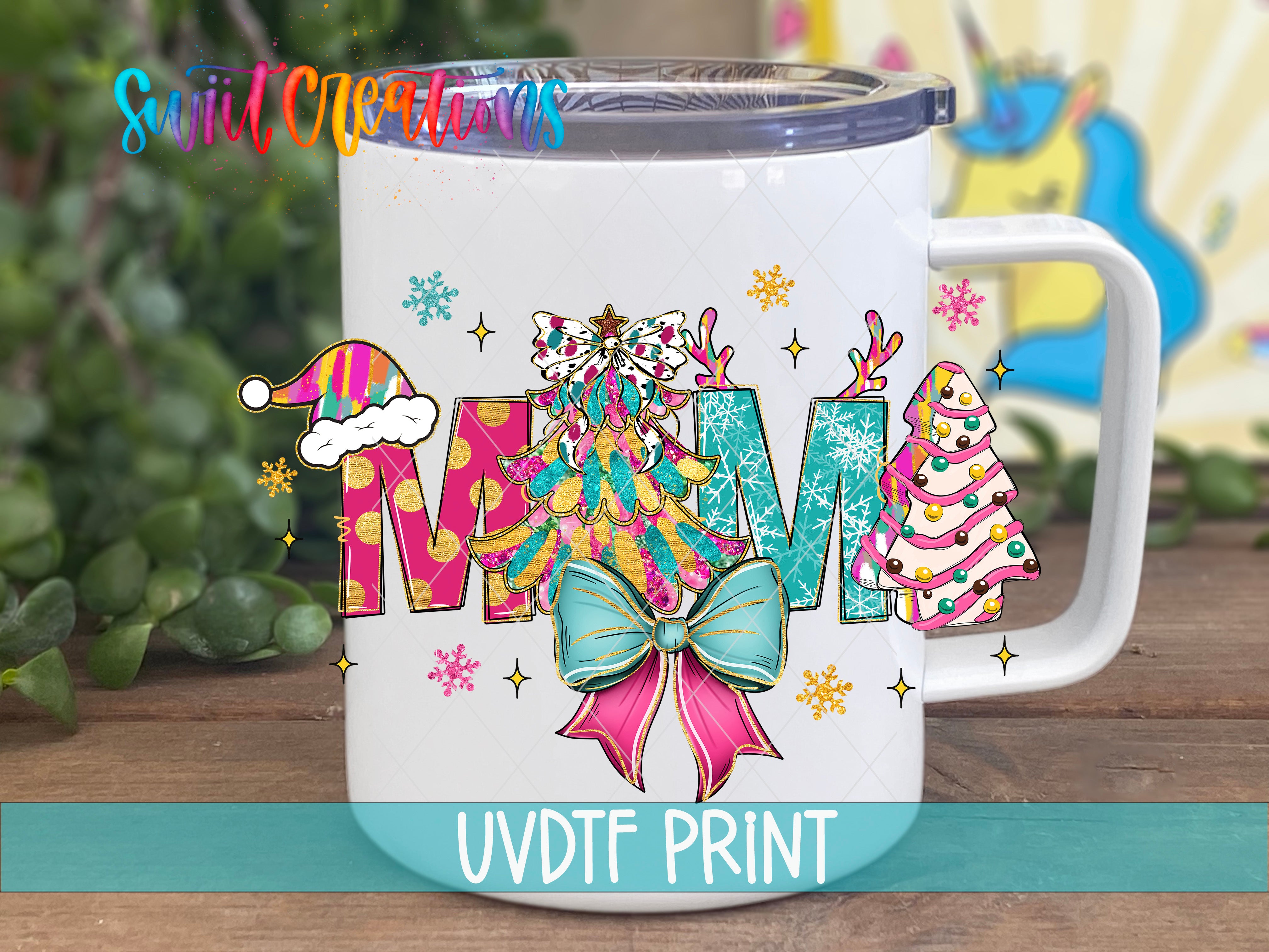 A white mug with a colorful, festive design featuring Christmas trees, snowflakes, and a Santa hat.