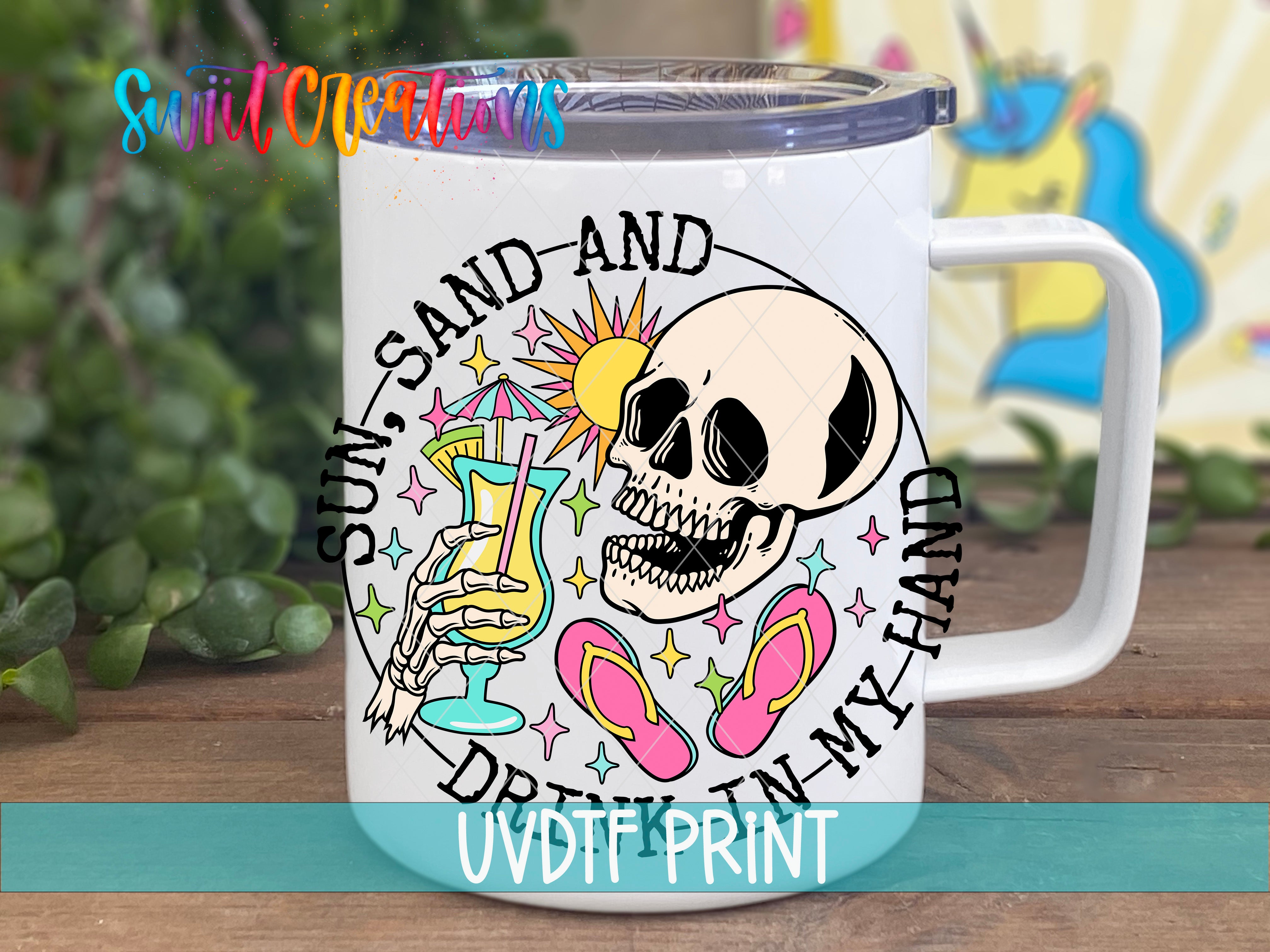 A white mug with a colorful design featuring a skeleton holding a drink and beach-themed elements, such as a sun, sand, and flip flops.