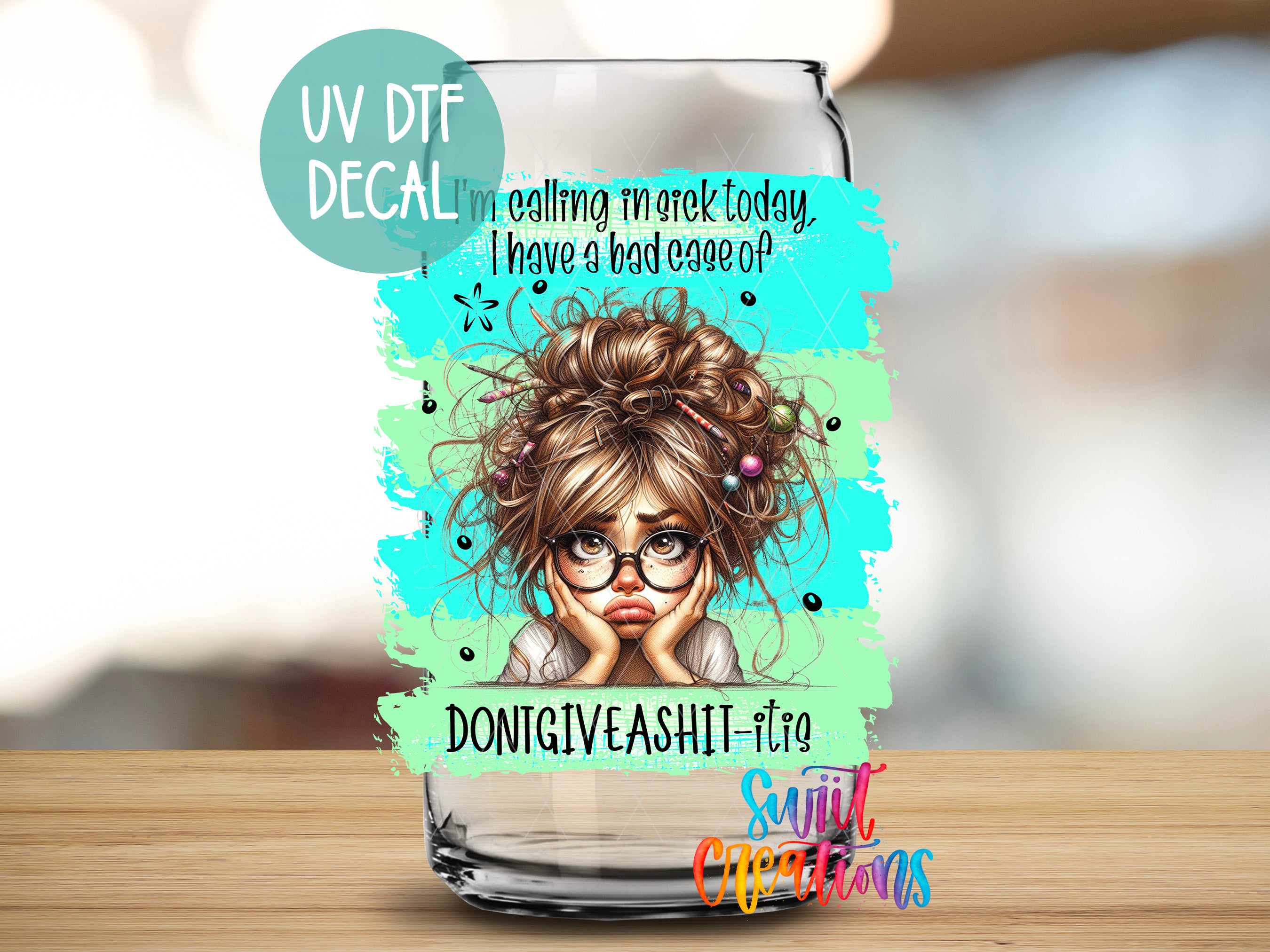 a glass with a picture of a girl with glasses on it