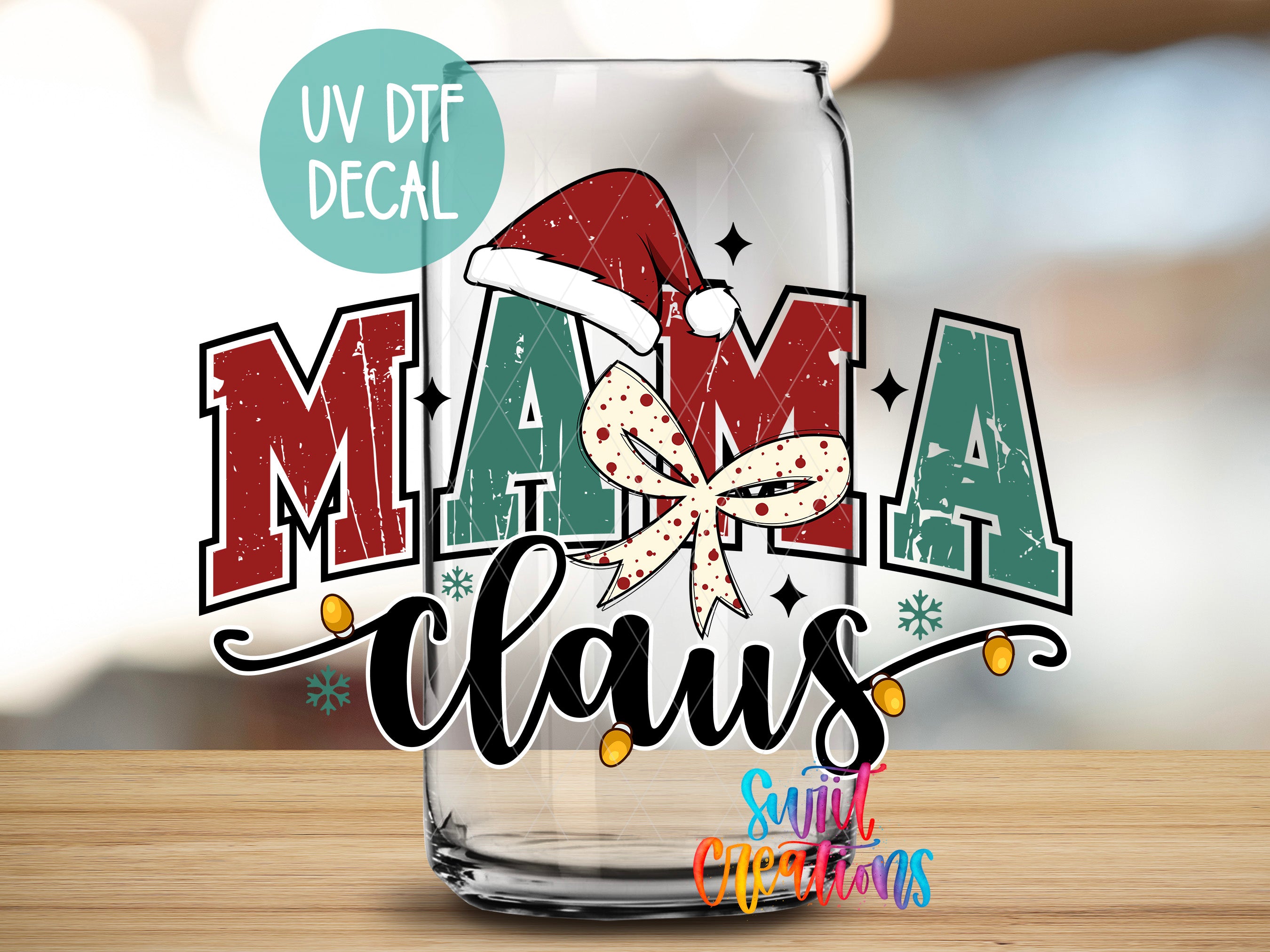 a glass with a santa hat on top of it