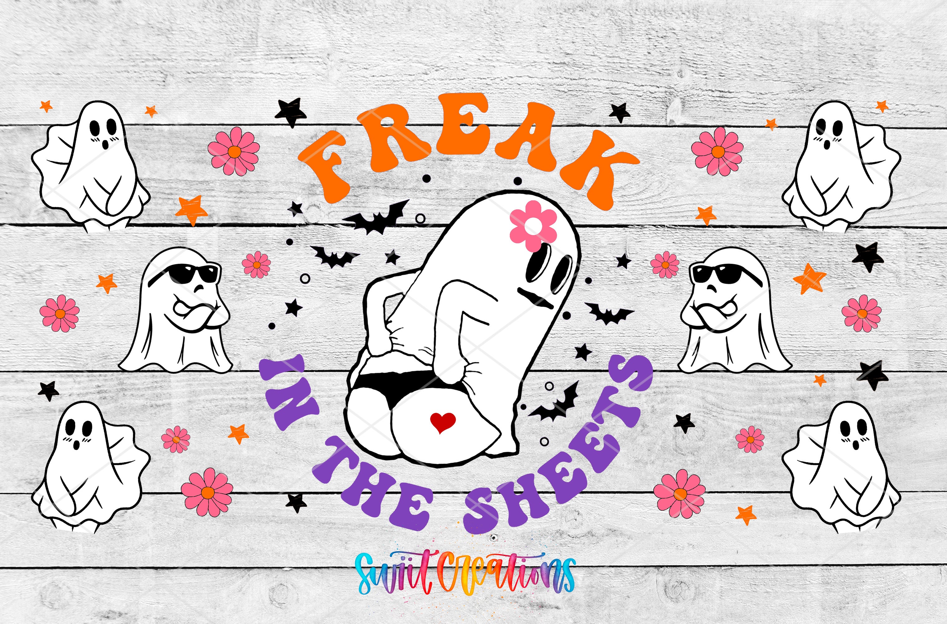 The image is a collage featuring a central image of a ghost with the text "Freak in the sheets" surrounded by various ghost images and flowers.