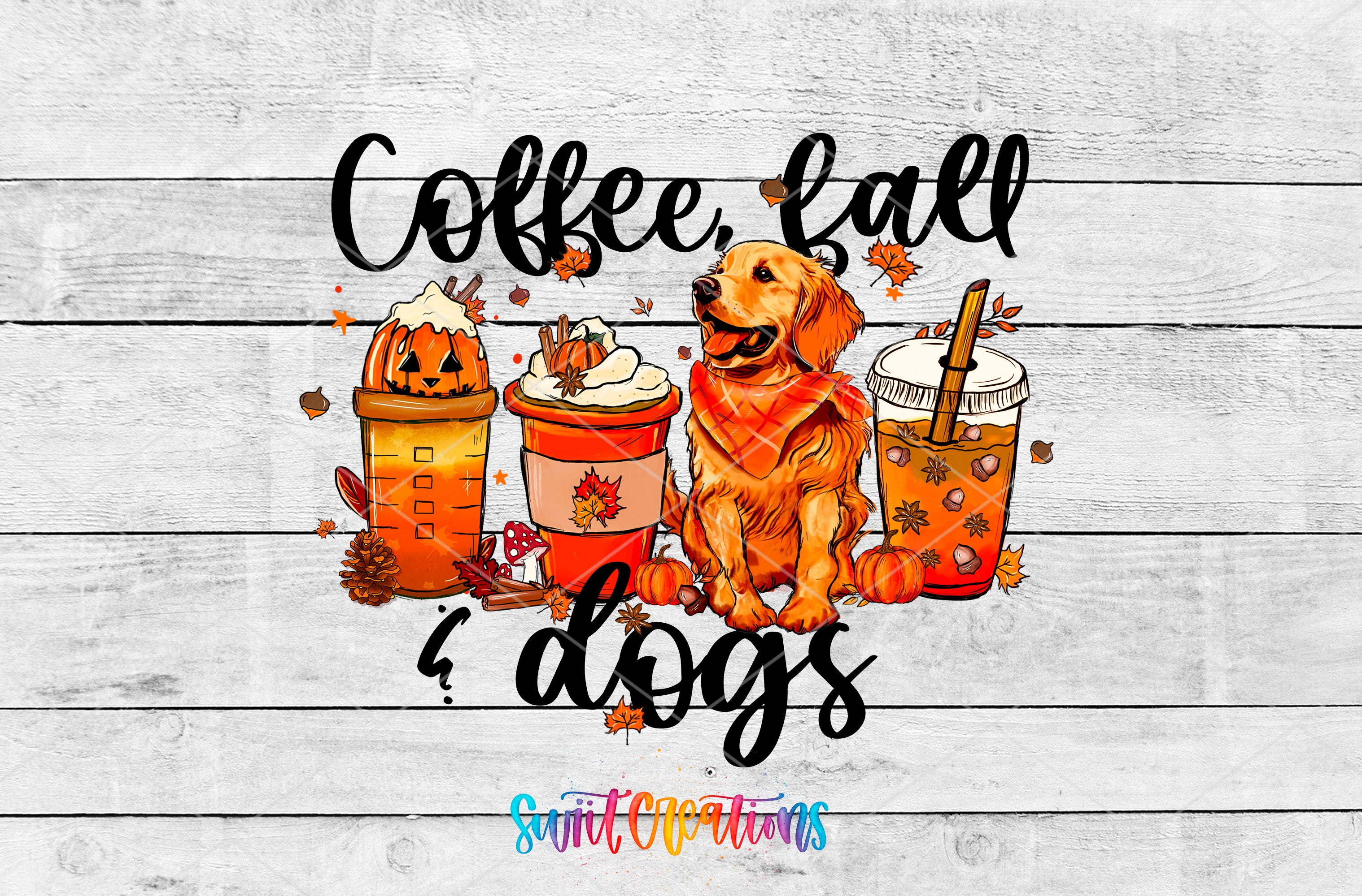a dog surrounded by various autumn-themed items, including a pumpkin, a cup of coffee, a pumpkin, and a pumpkin-flavored drink. The text "Coffee, fall & dogs" is written above the dog, and the phrase "SwiftCrafts" is written at the bottom of the image.