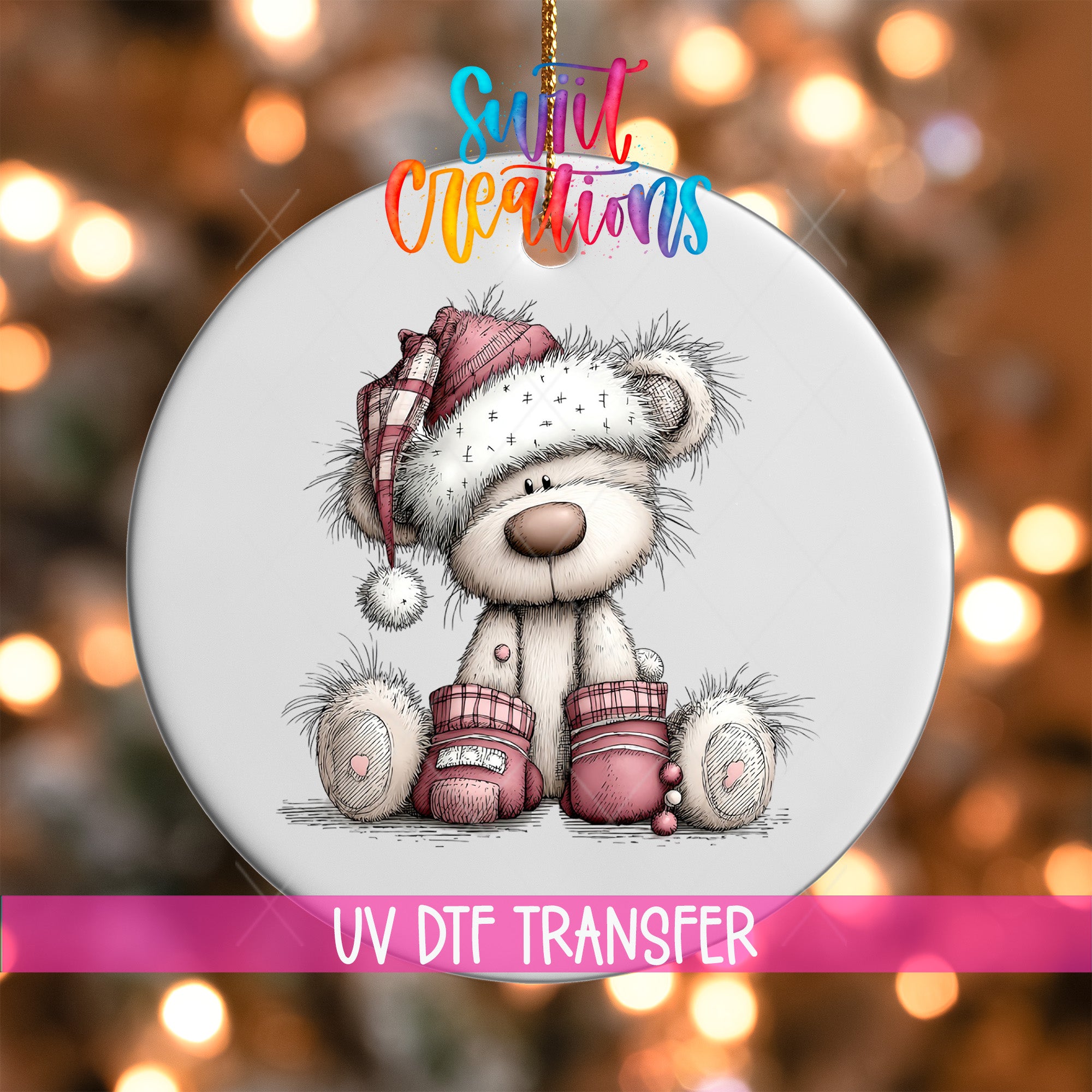 A white teddy bear wearing a red hat and pink mittens is depicted in the center of the image, with a colorful background of lights.