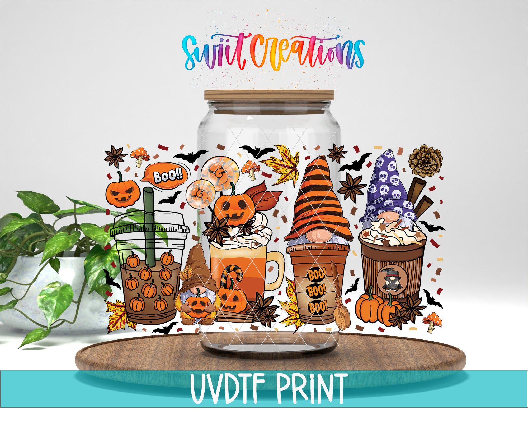 The image is a colorful illustration featuring Halloween-themed elements, including a glass jar with a Halloween-themed design, a mug with a pumpkin and a witch hat, and a cup with a pumpkin and a witch hat. The text "Swift Creations" is written above the illustration, and the phrase "UVDF PRINT" is written at the bottom of the image.