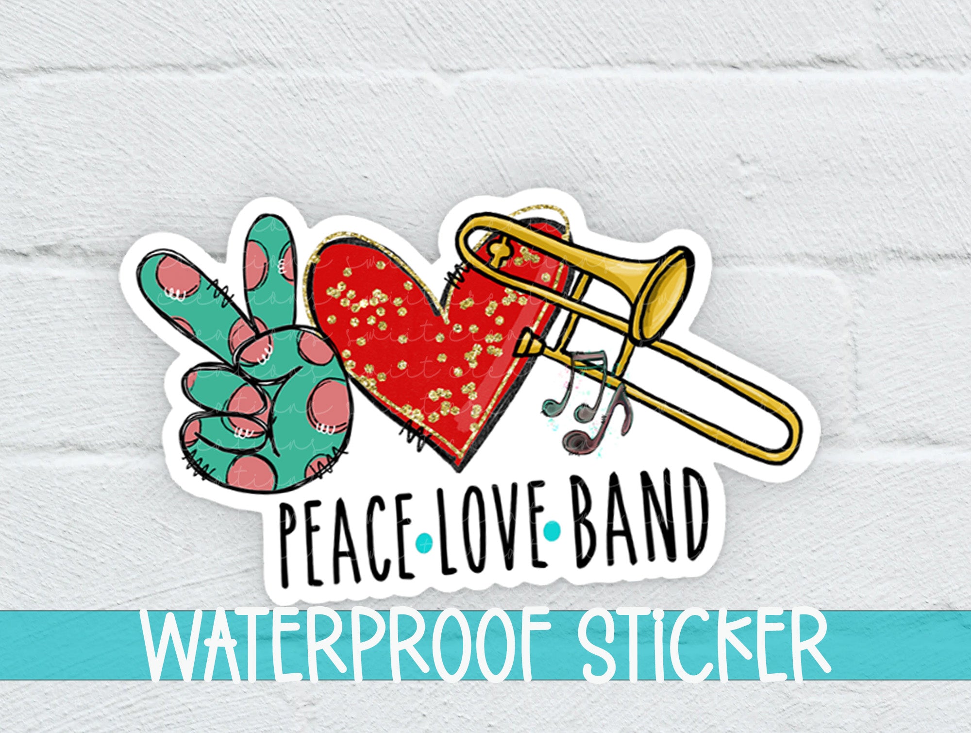 a peace love band sticker on a white brick wall
