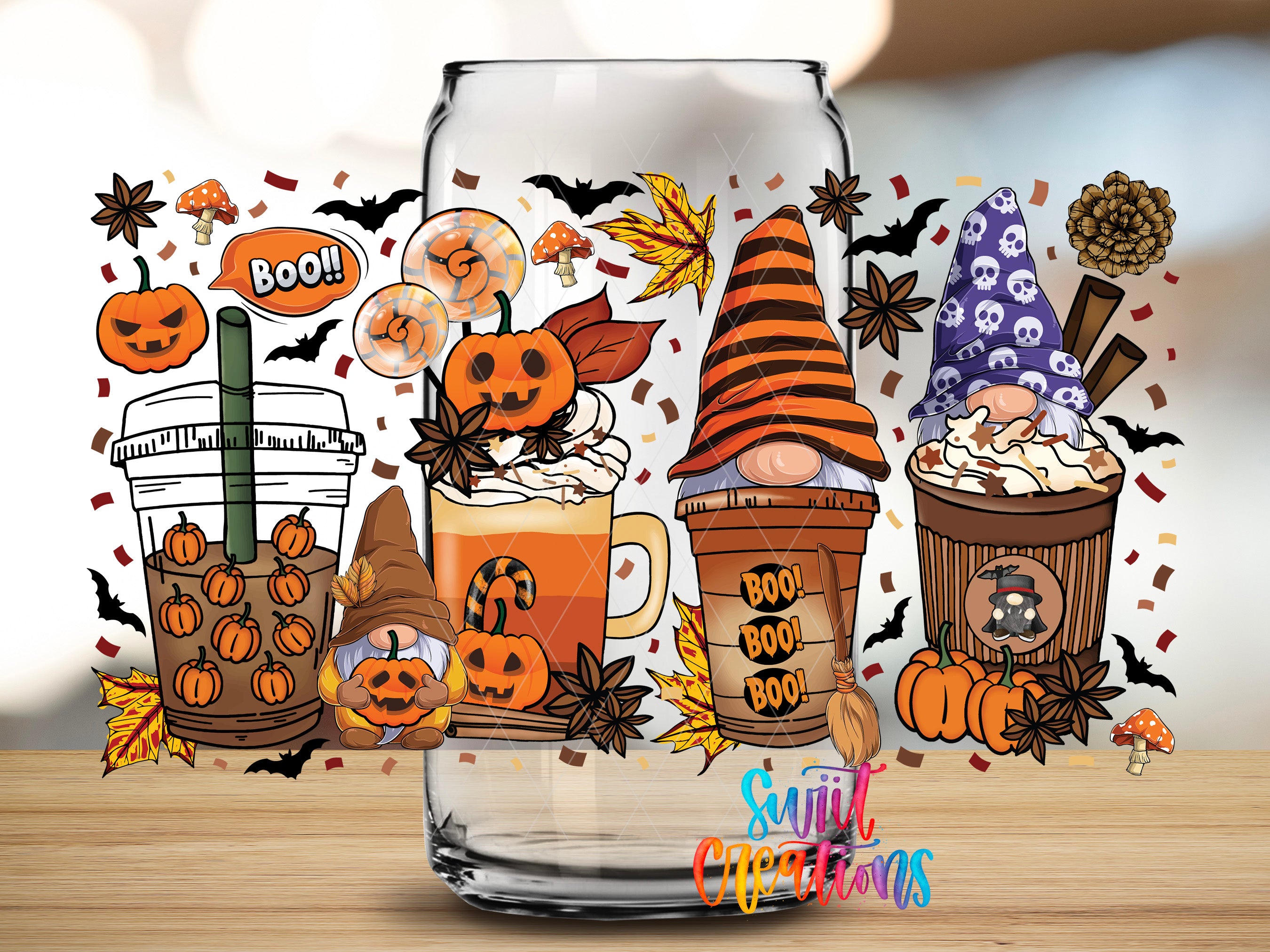 A Halloween-themed illustration featuring a glass with various Halloween-related items, such as a coffee cup, a mug, a pumpkin, a ghost, a spider, and a bat, all set against a background with bats and pumpkins.
