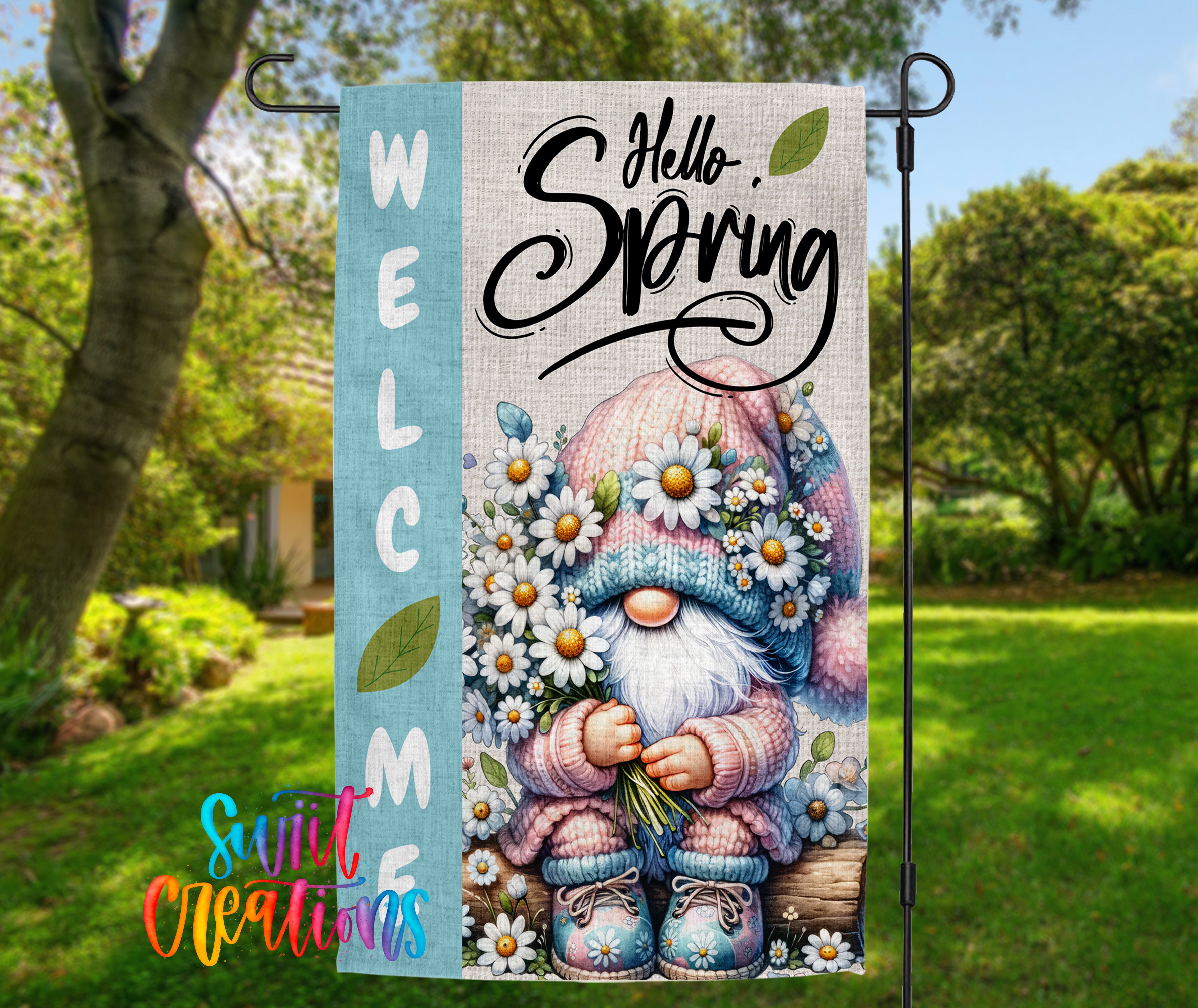 A colorful garden gnome sign with the text "Welcome Spring" displayed on it, surrounded by flowers and greenery.