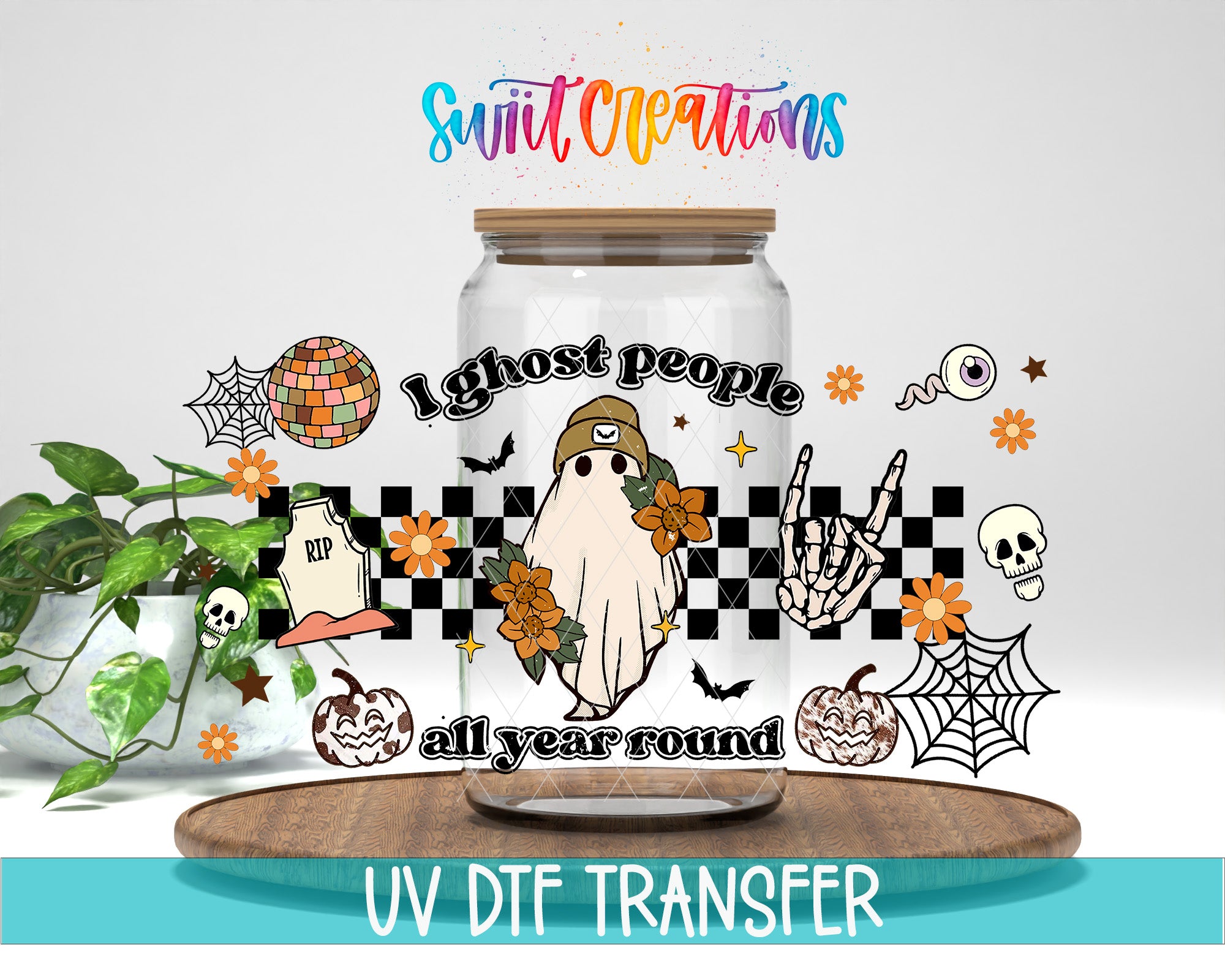 a Halloween-themed jar with a ghost, skeleton, spider, pumpkin, and other spooky elements. The jar is surrounded by various Halloween-related decorations, including a spider web, a skeleton, a pumpkin, and a spider. The text "I ghost people all year round" is displayed on the jar, and the phrase "UV DFT Transfer" is written at the bottom of the image.