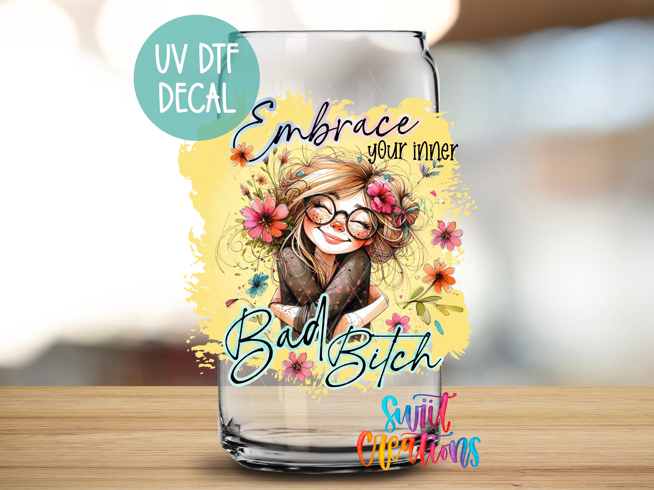 a glass with a picture of a woman on it