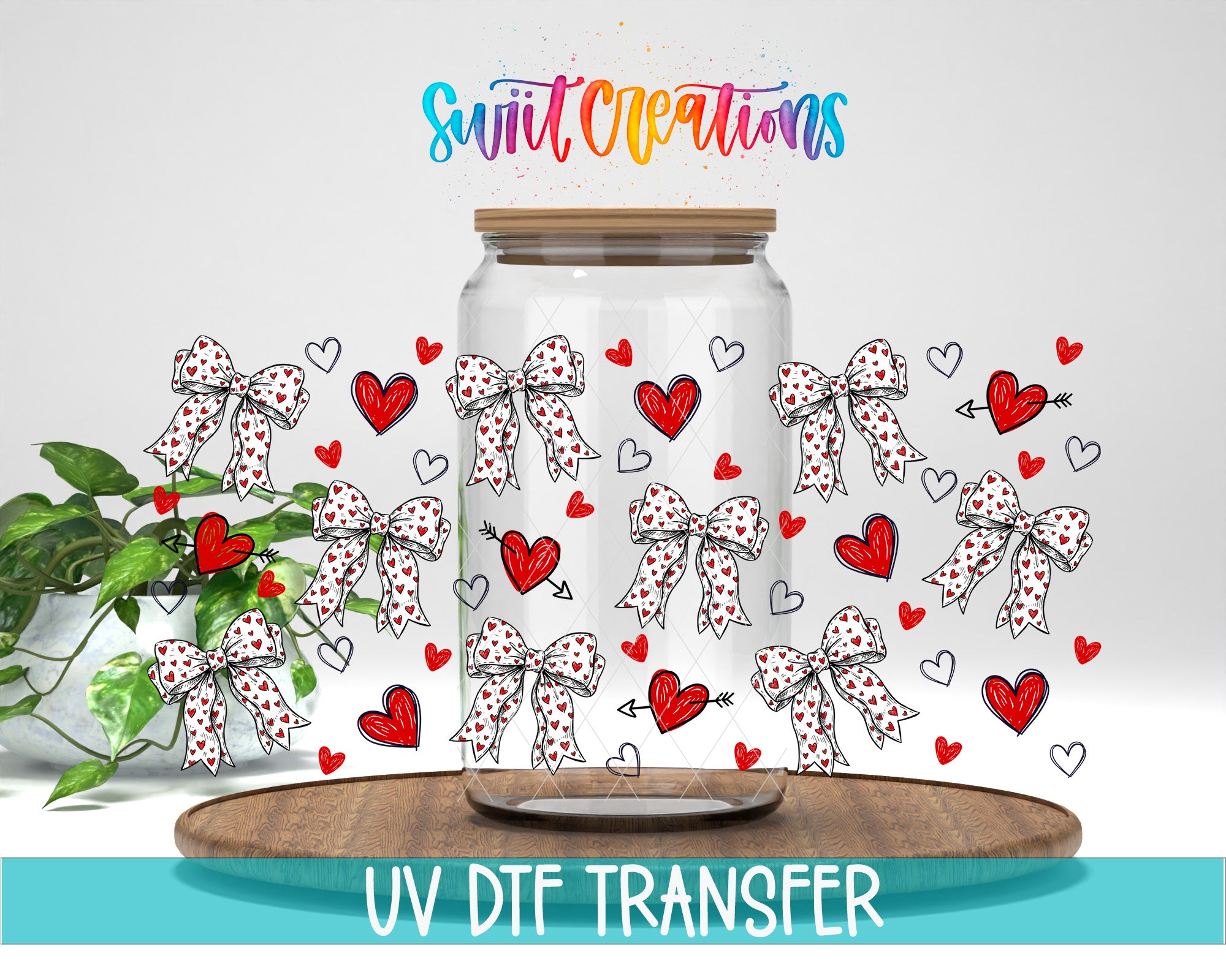 a glass jar with a wooden lid, surrounded by various heart-shaped and polka-dotted bows, along with some hearts and arrows. The text "Swift Creations" is written above the jar, and "UV Dtf Transfer" is written below it.