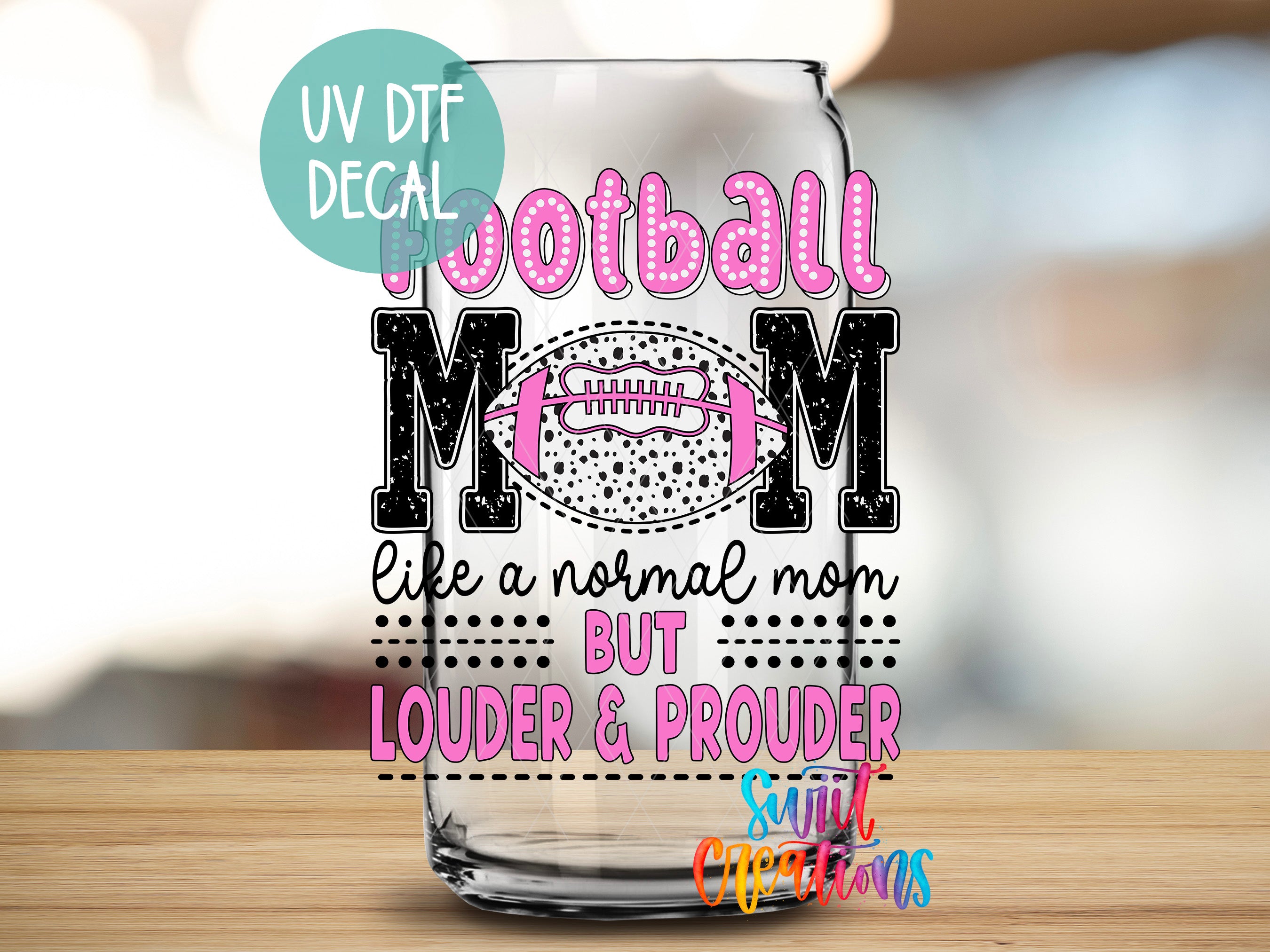 a glass with a football mom on it