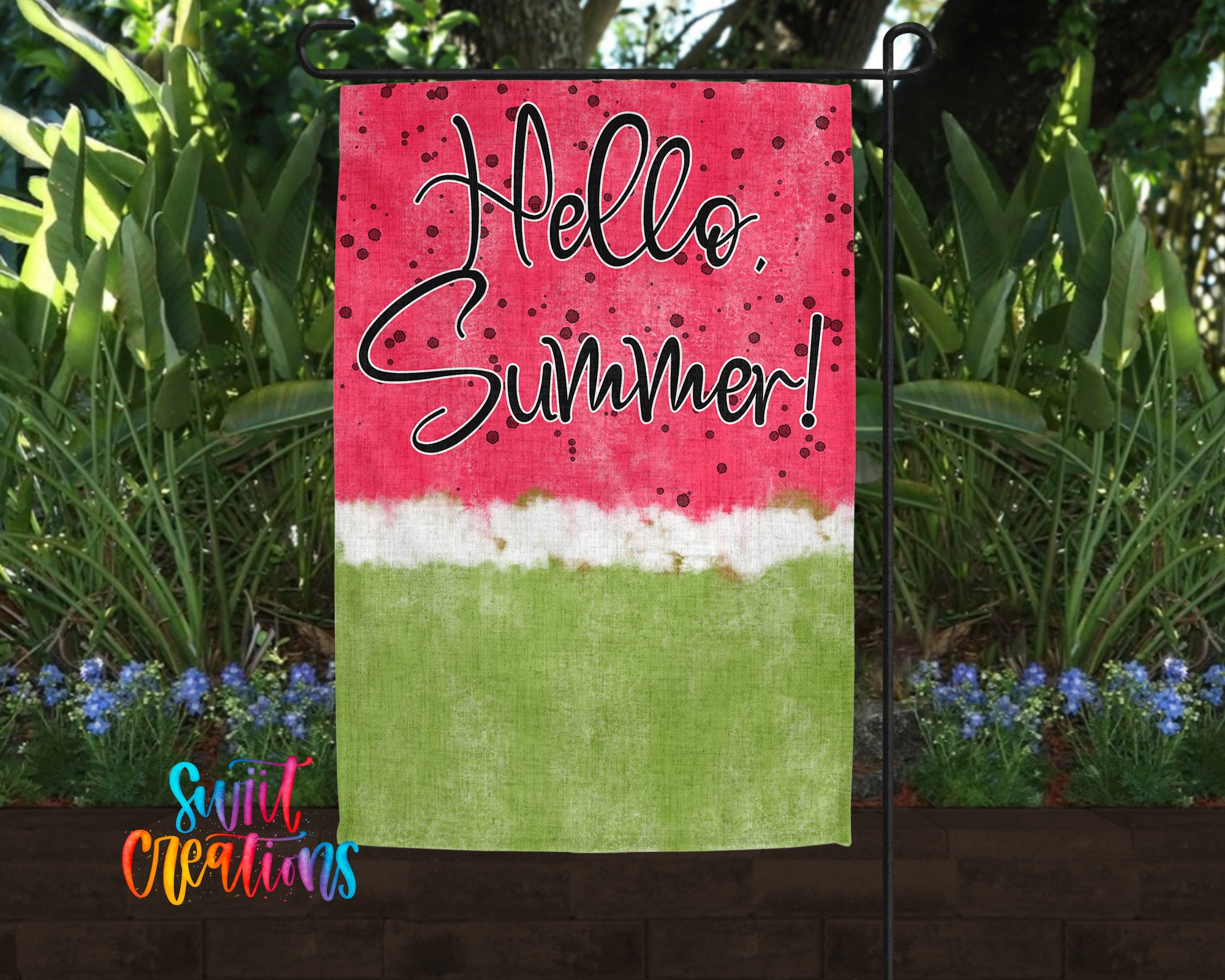 A colorful garden flag with the text "Hello Summer!" displayed prominently.