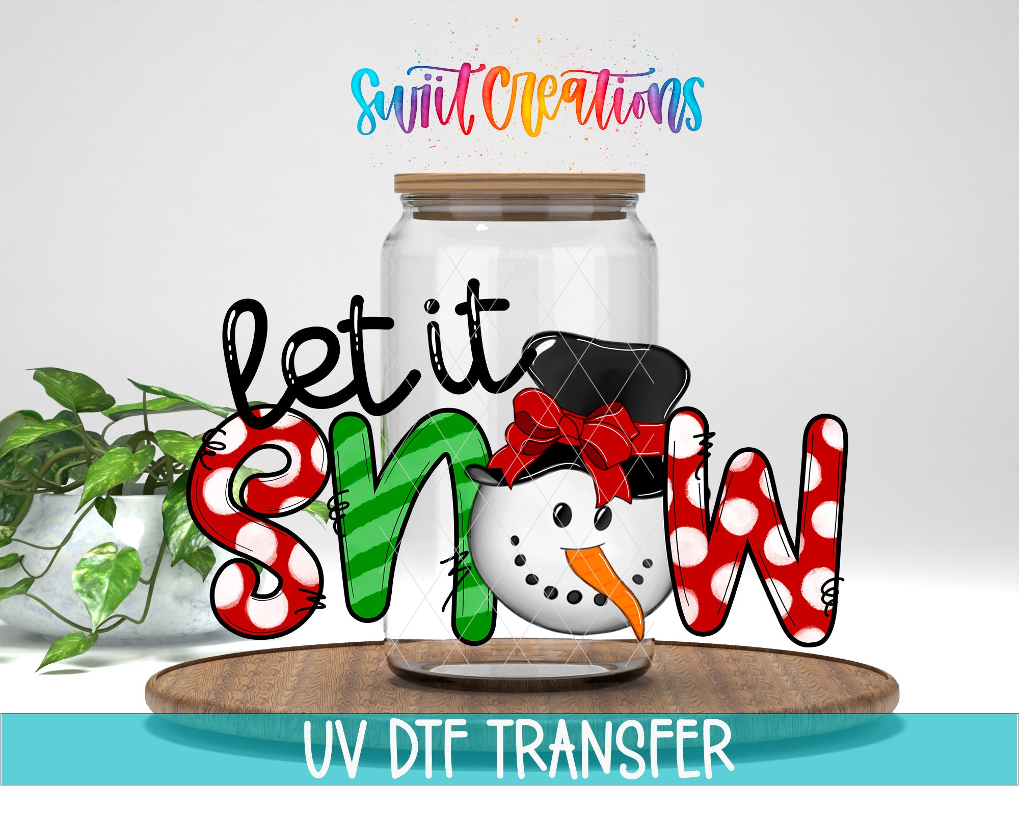 A glass jar with a snowman figure inside, surrounded by colorful text that says "let it snow".