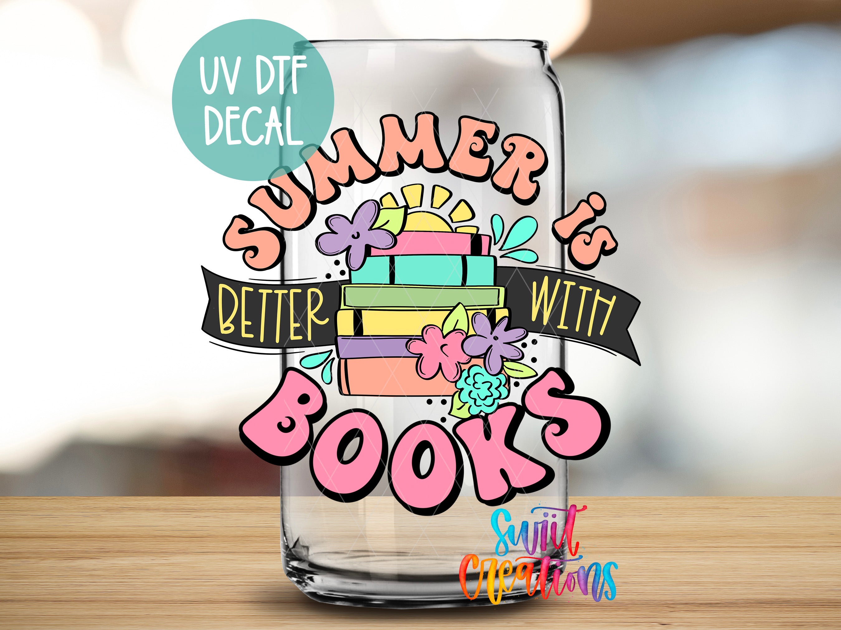 a glass jar with a colorful and whimsical design, including a stack of books, flowers, and a sun. The text on the jar reads "Summer is better with books" and "UV Dtf DECAL".