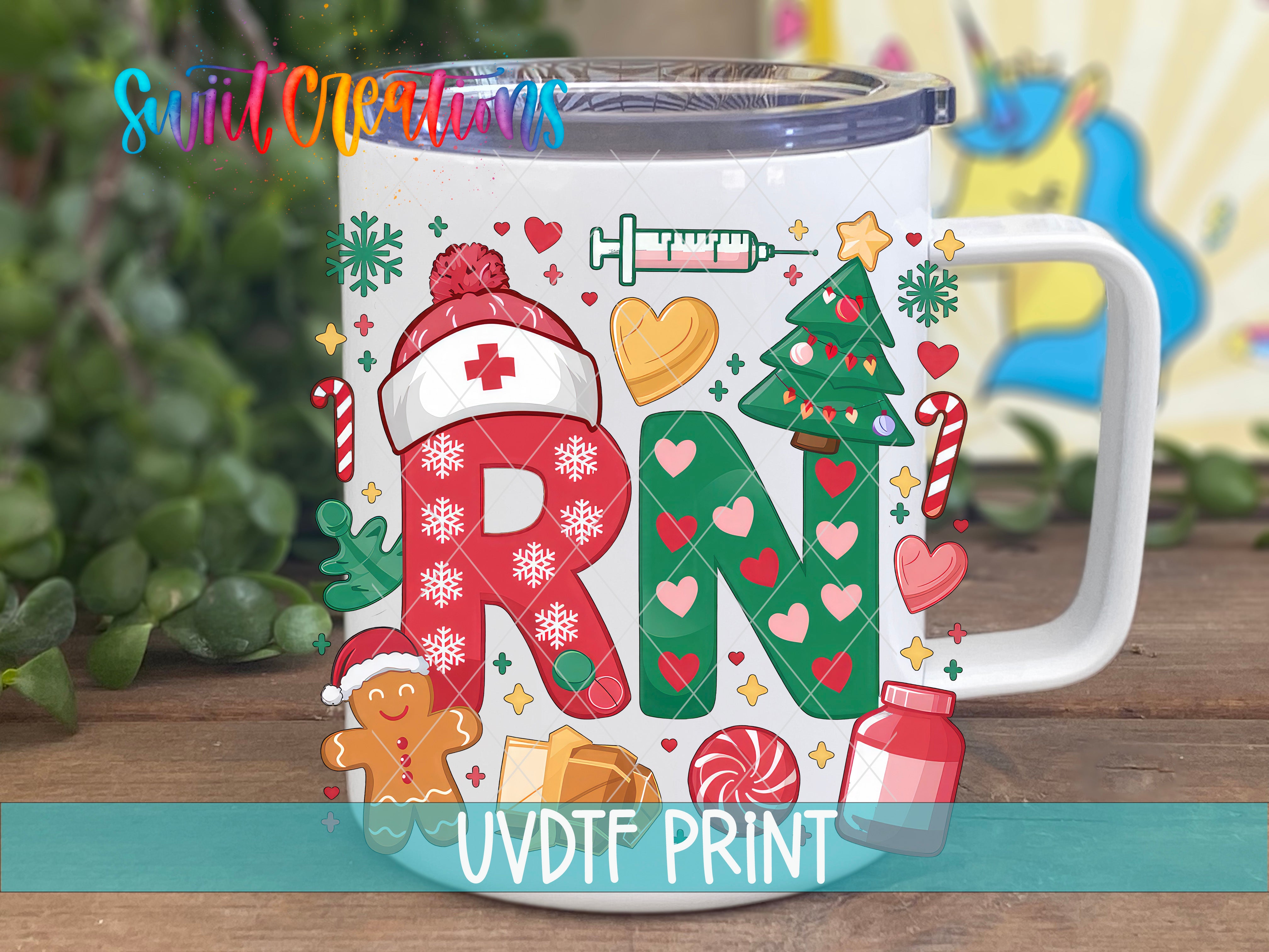 A mug with a colorful design featuring a nurse, Christmas tree, candy canes, and other festive elements.