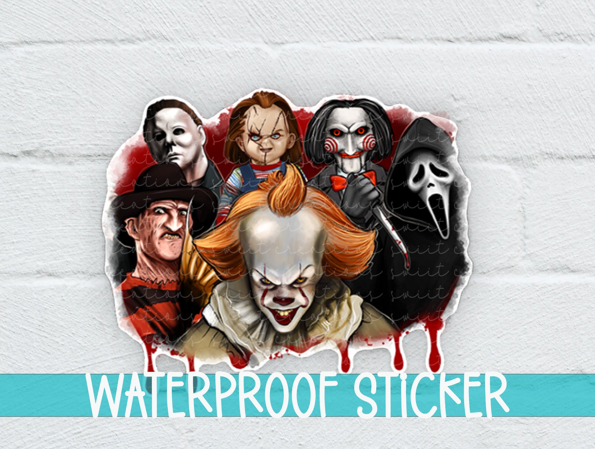 a picture of a group of clowns with the words waterproof sticker
