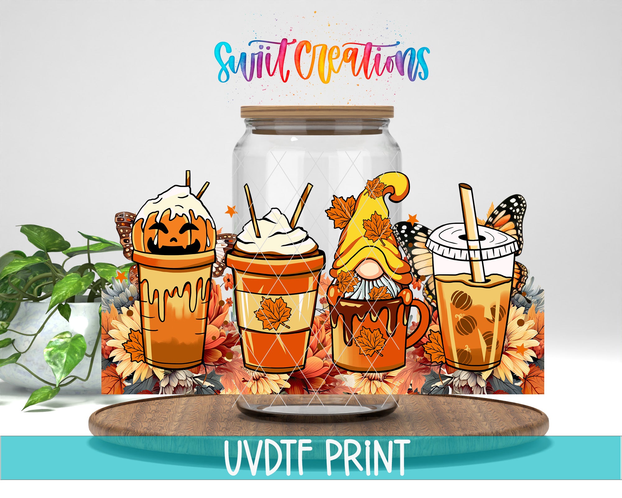 a collection of four illustrated beverages, including a pumpkin-themed drink, a coffee drink, a hot chocolate drink, and a hot chocolate drink, all set against a backdrop of autumn leaves and flowers.