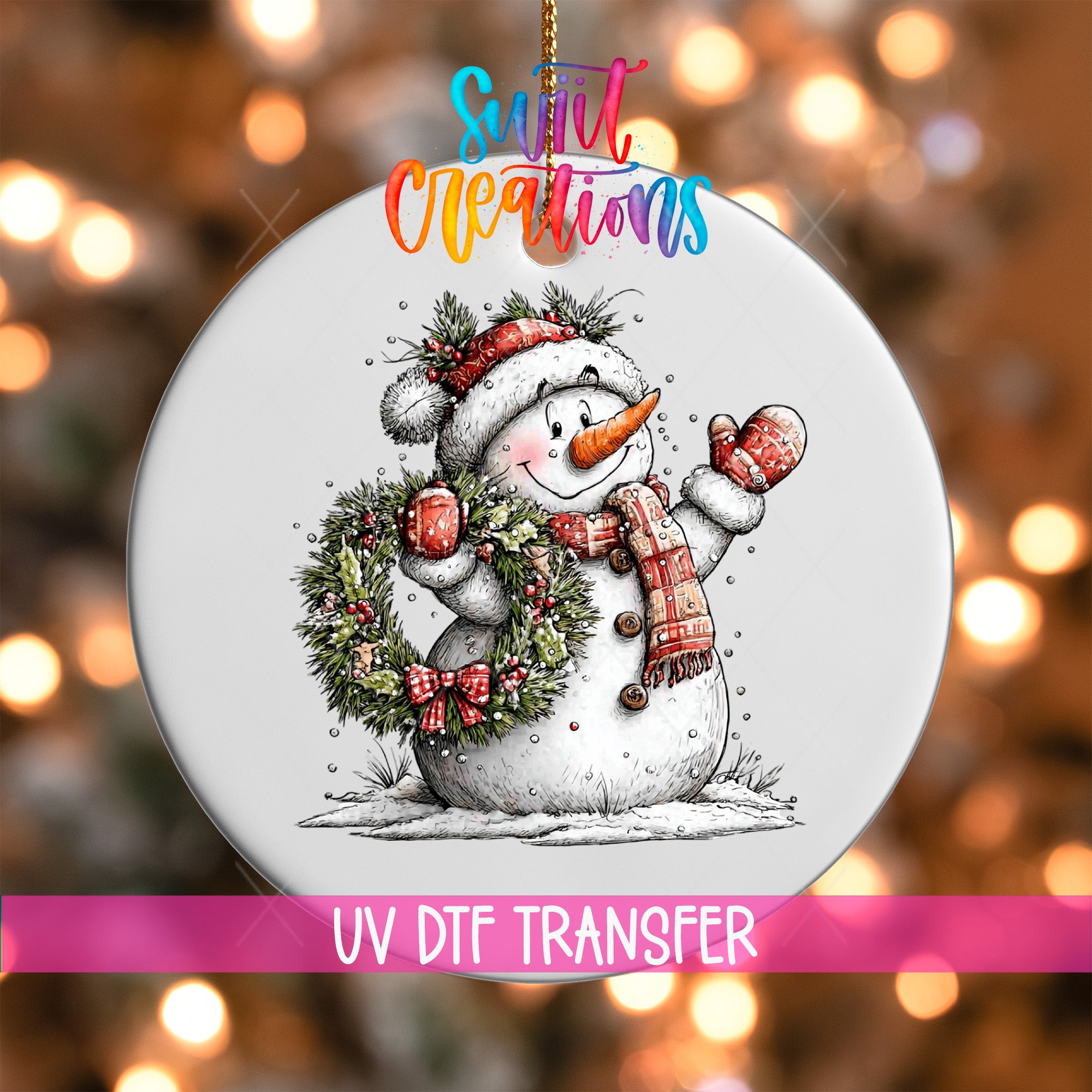 A snowman ornament with a wreath and scarf, featuring a textured background with colorful lights.