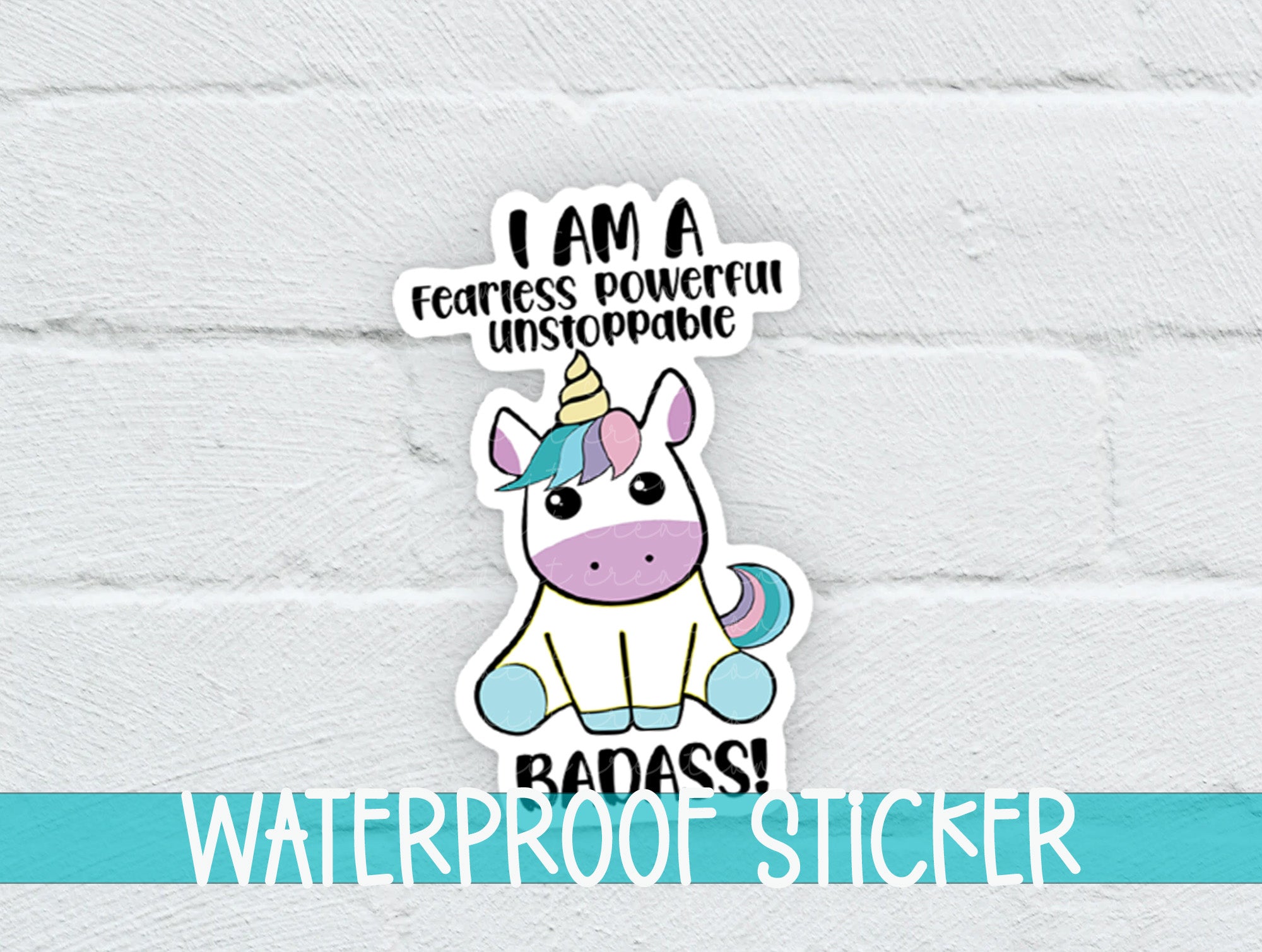 a sticker of a unicorn sitting on top of a white brick wall