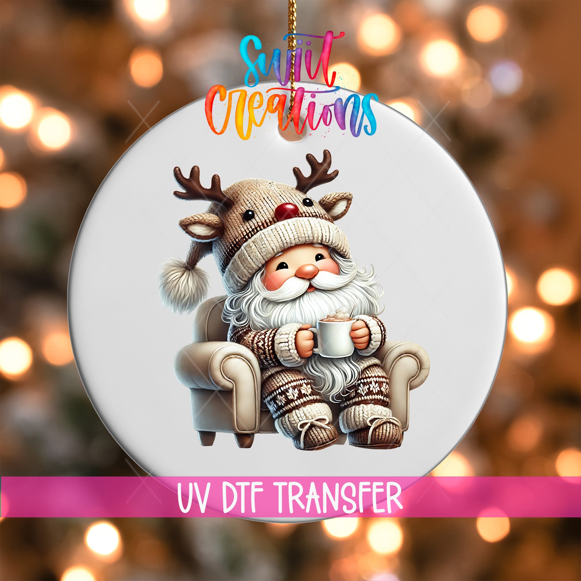 Santa Claus sitting in a chair with a cup of coffee, wearing a reindeer hat and a white beard, against a background of colorful lights.