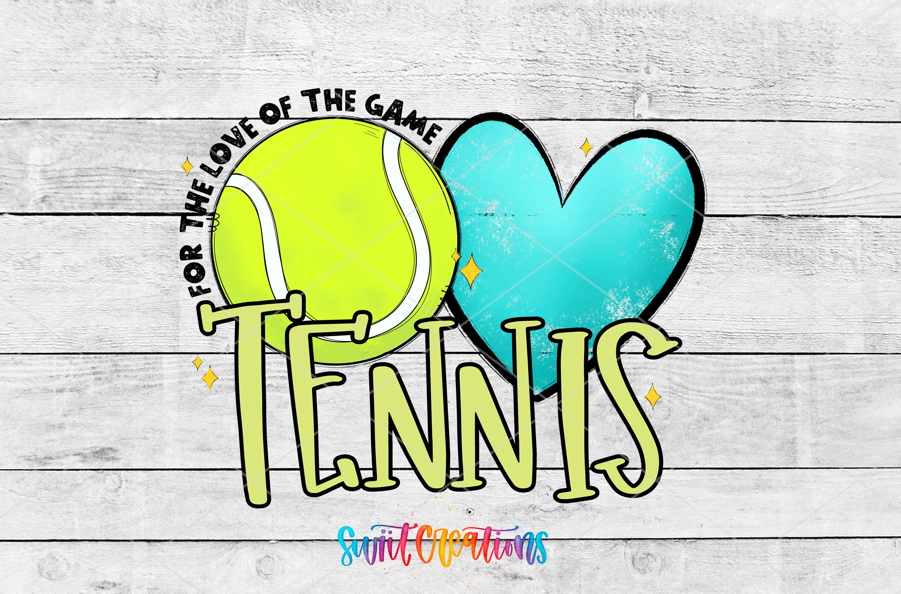 A tennis ball and a heart shape are displayed against a white wooden background, with the word "TENNIS" written below them.
