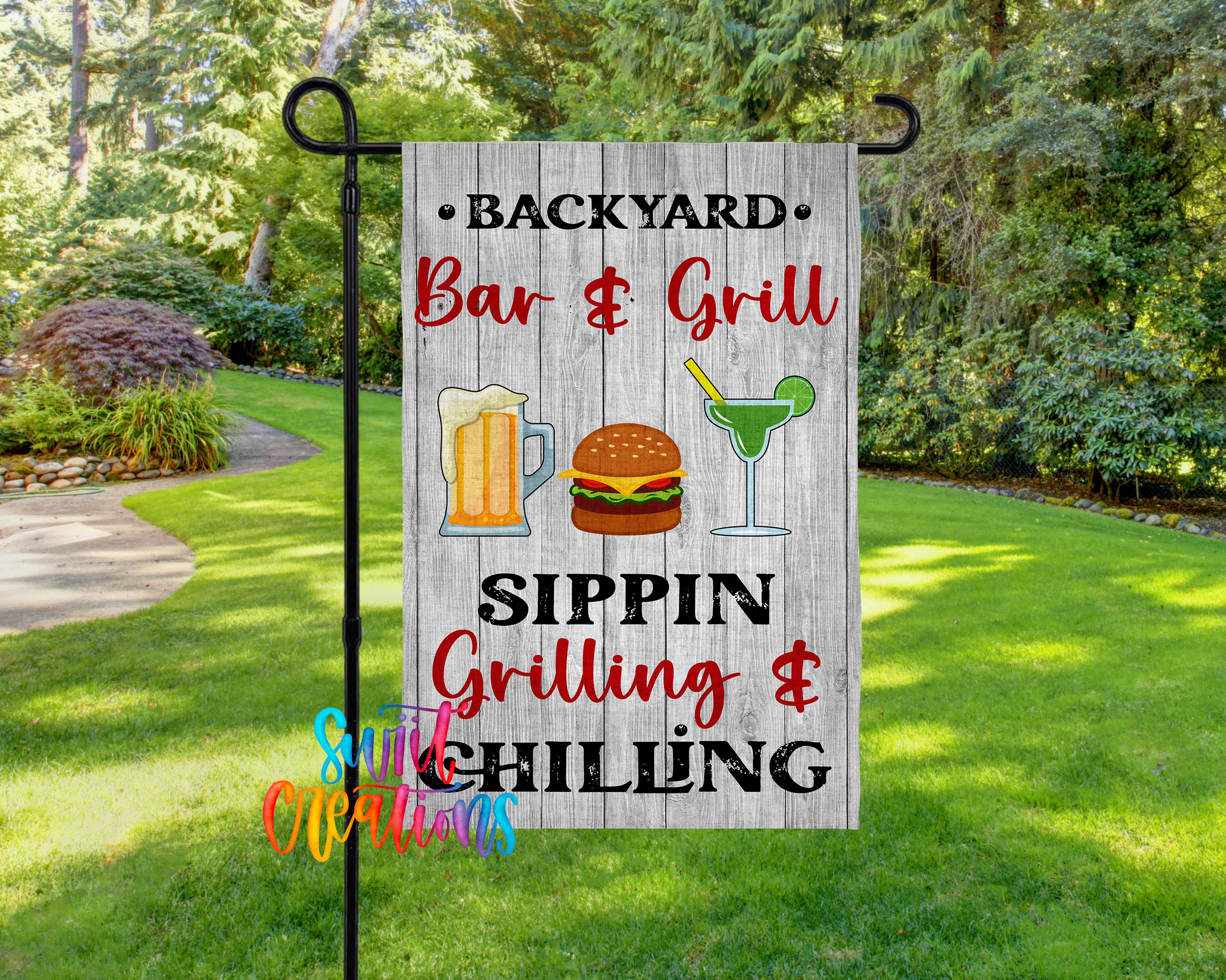 A backyard bar and grill sign with illustrations of hamburgers, beers, and cocktails, along with the text "Backyard Bar & Grill Sippin' Grilling & Chilling".