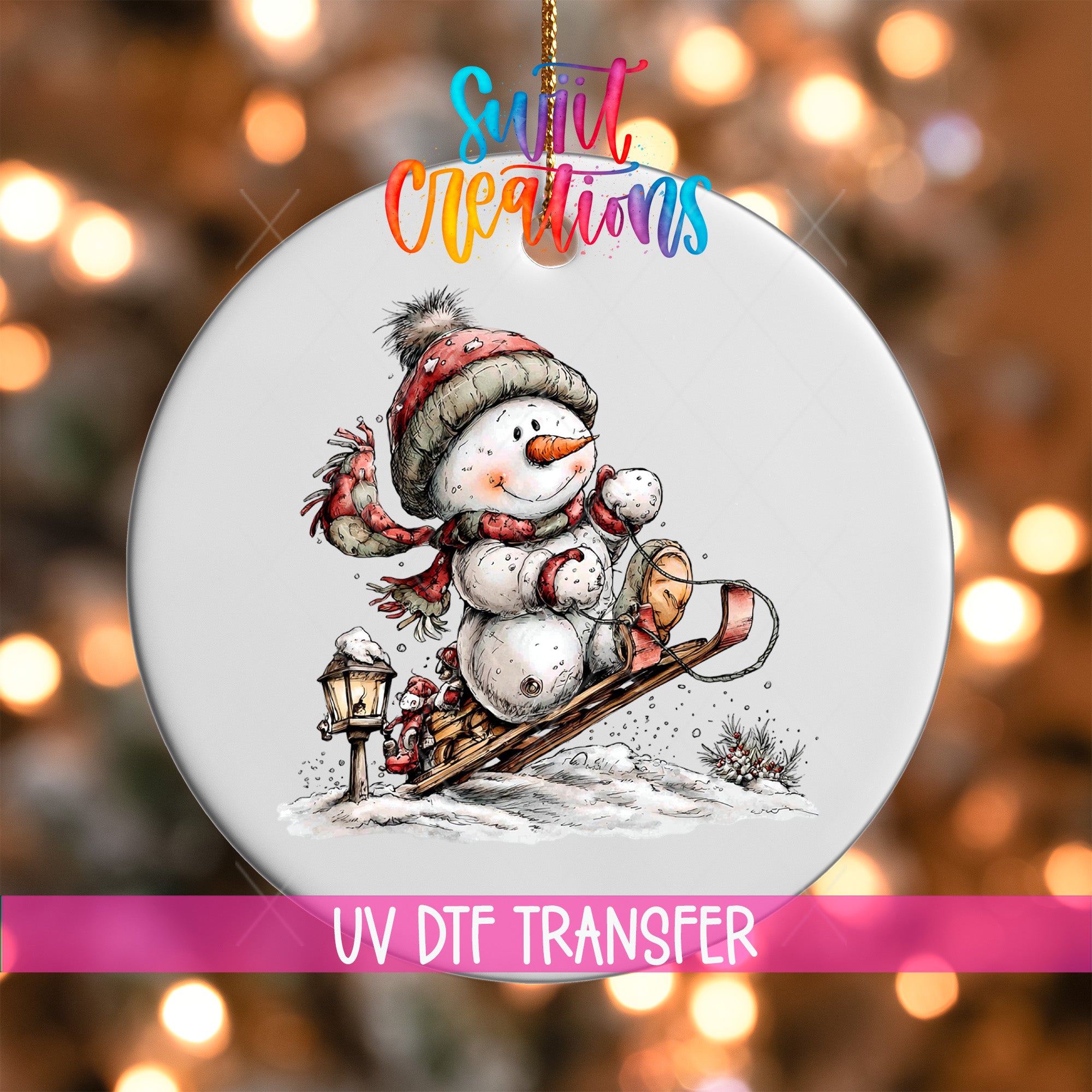 A snowman riding a sled on a snowy hill, with a colorful background and the text "Sweet Creations" above the snowman.
