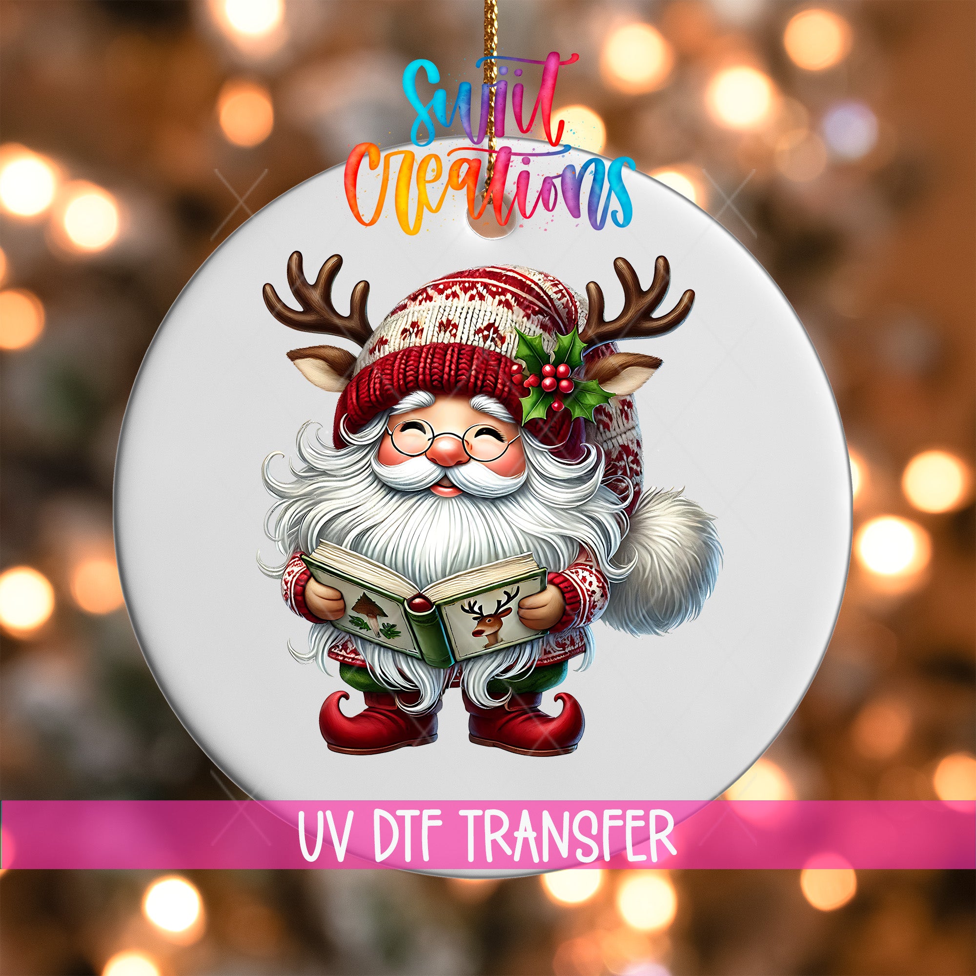 A white ornament with a Santa Claus character holding a book and wearing a red and white hat with antlers.