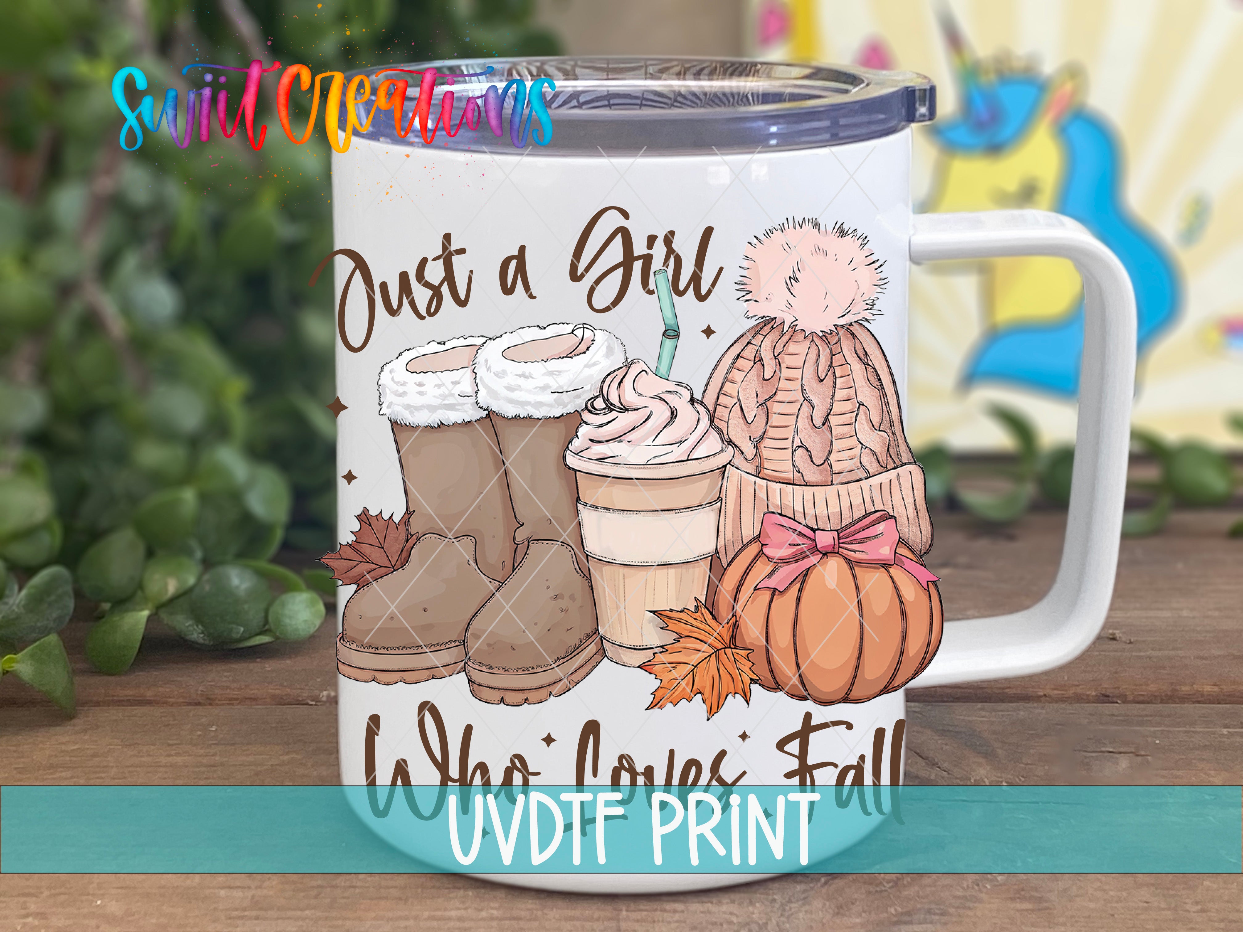 A white mug with a printed design featuring winter-themed items such as boots, a hat, a pumpkin, and a cup of coffee.