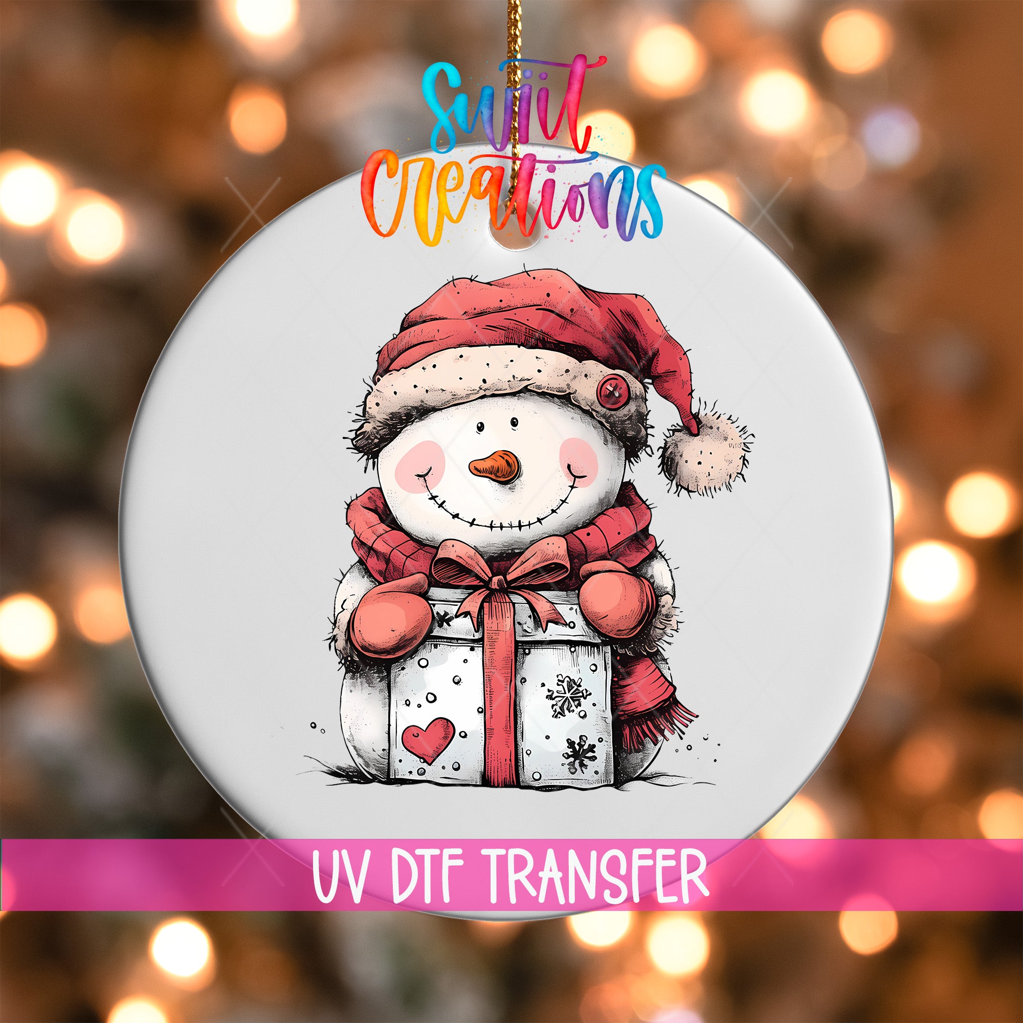 A snowman ornament with a gift and a red scarf, set against a background of colorful lights.