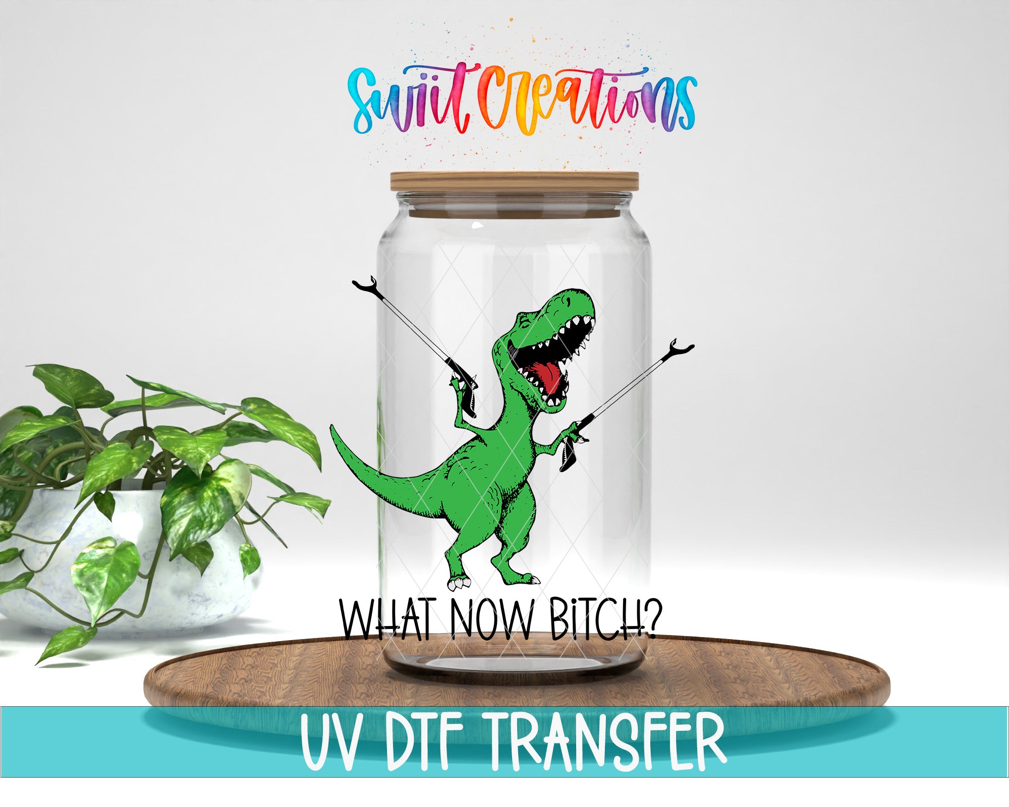 a green dinosaur holding a pair of scissors and a question mark, with the text "WHAT NOW BITCH?" displayed below the dinosaur.