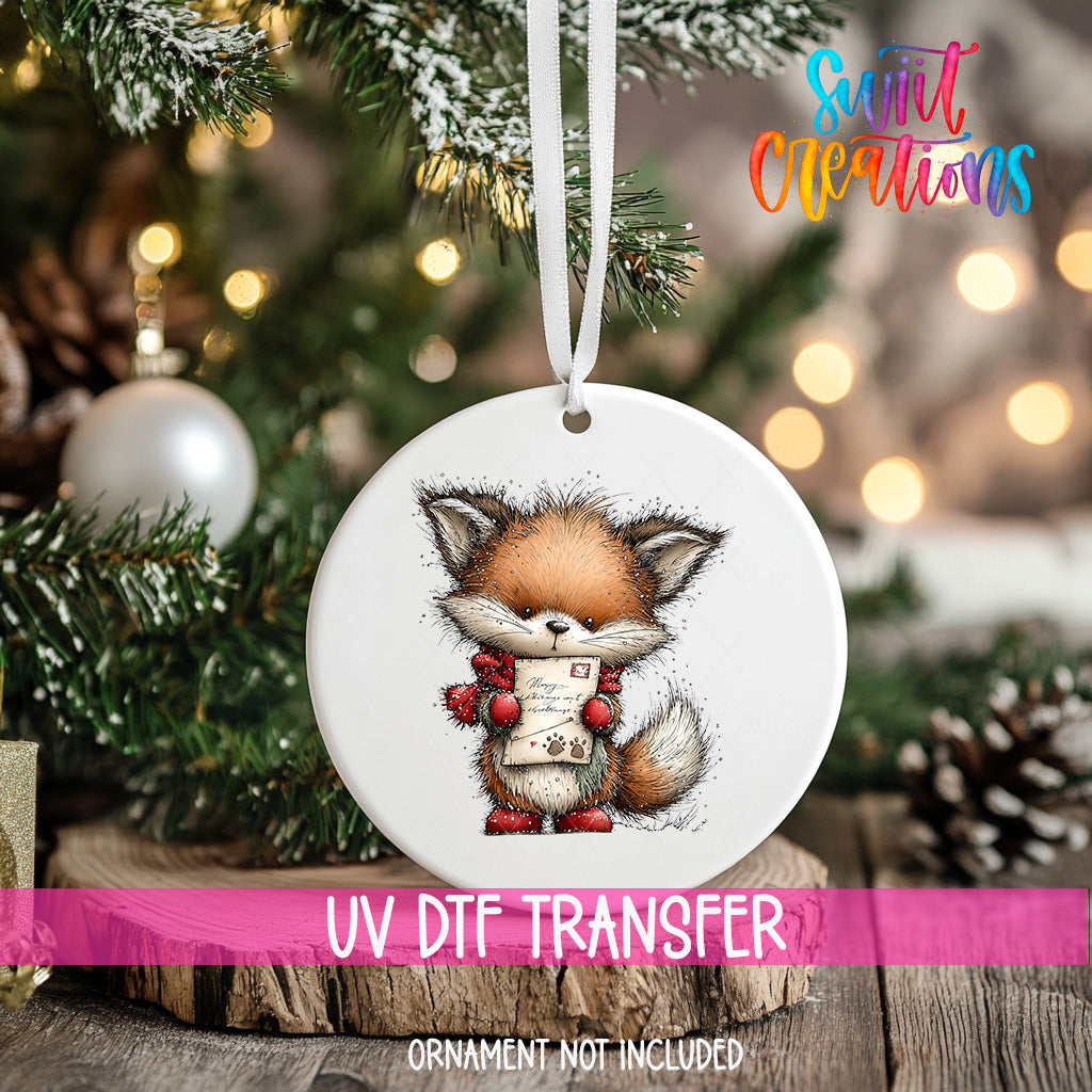 A white ornament with a cartoon image of a fox holding a letter, hanging on a Christmas tree.