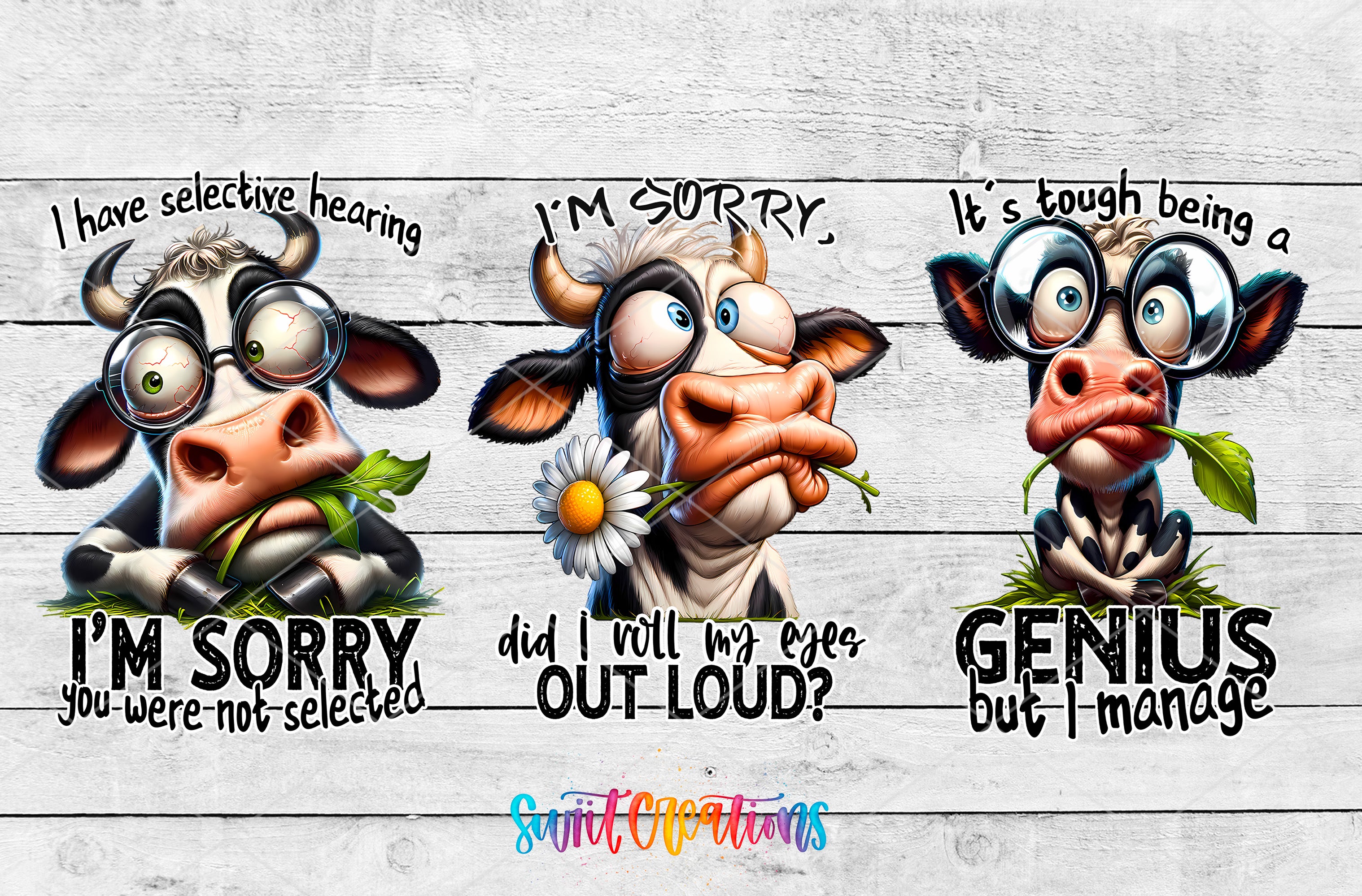 three cartoon cows with exaggerated facial features and text overlaid on them.