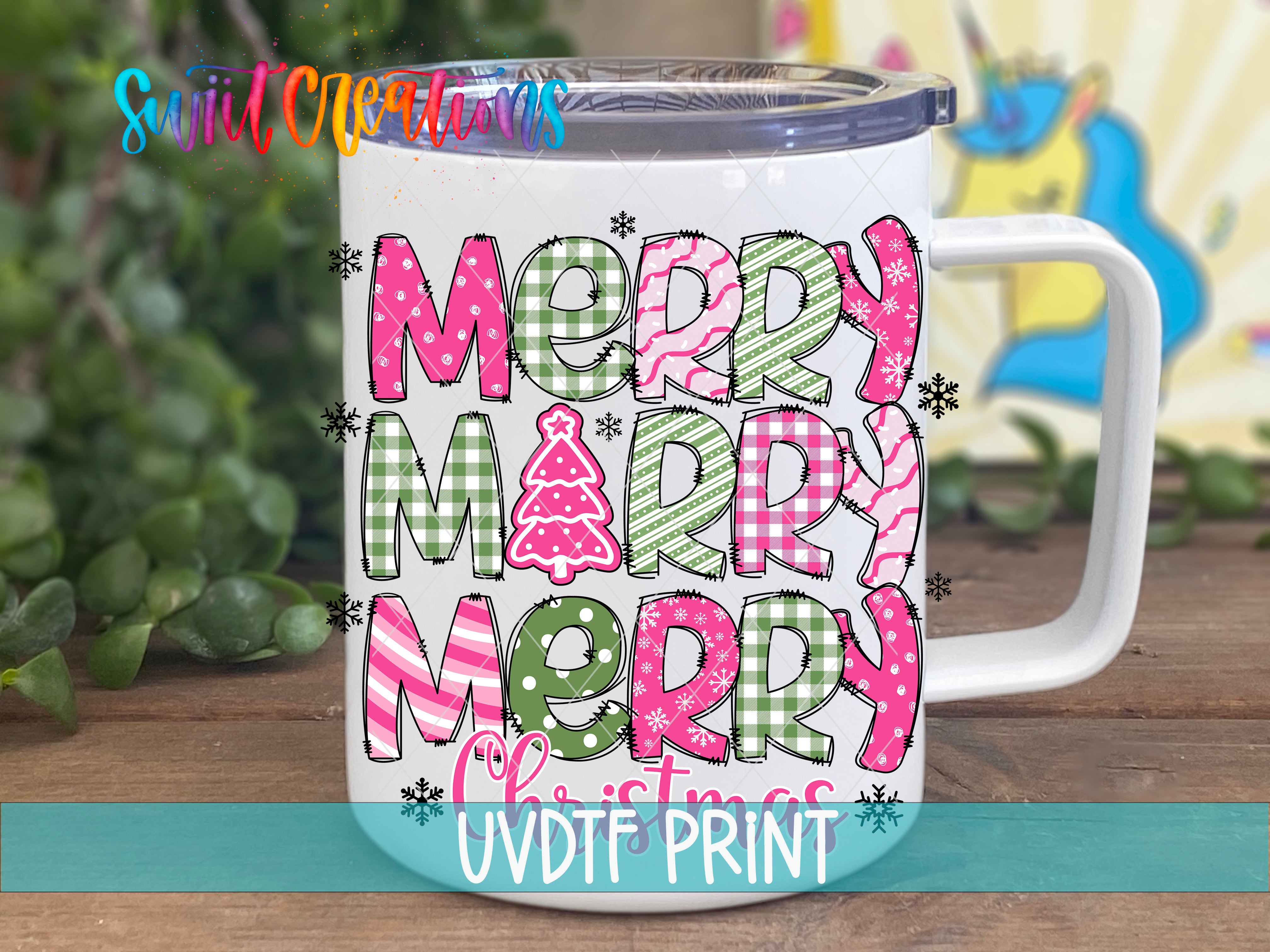 A white mug with a colorful design featuring the text "MERRY MERRY MERRY CHRISTMAS" in a playful, festive style.