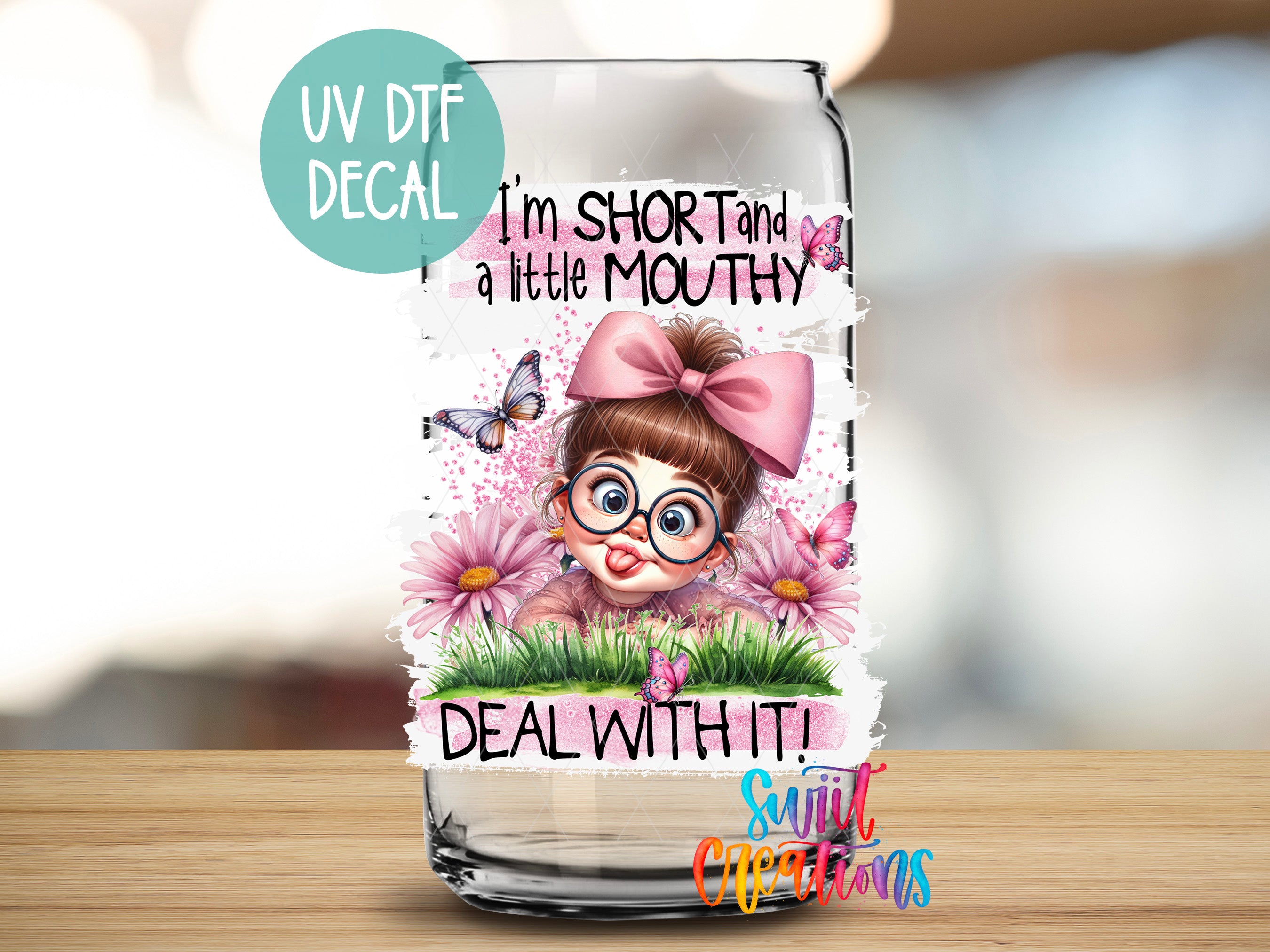 a glass with a picture of a girl with glasses