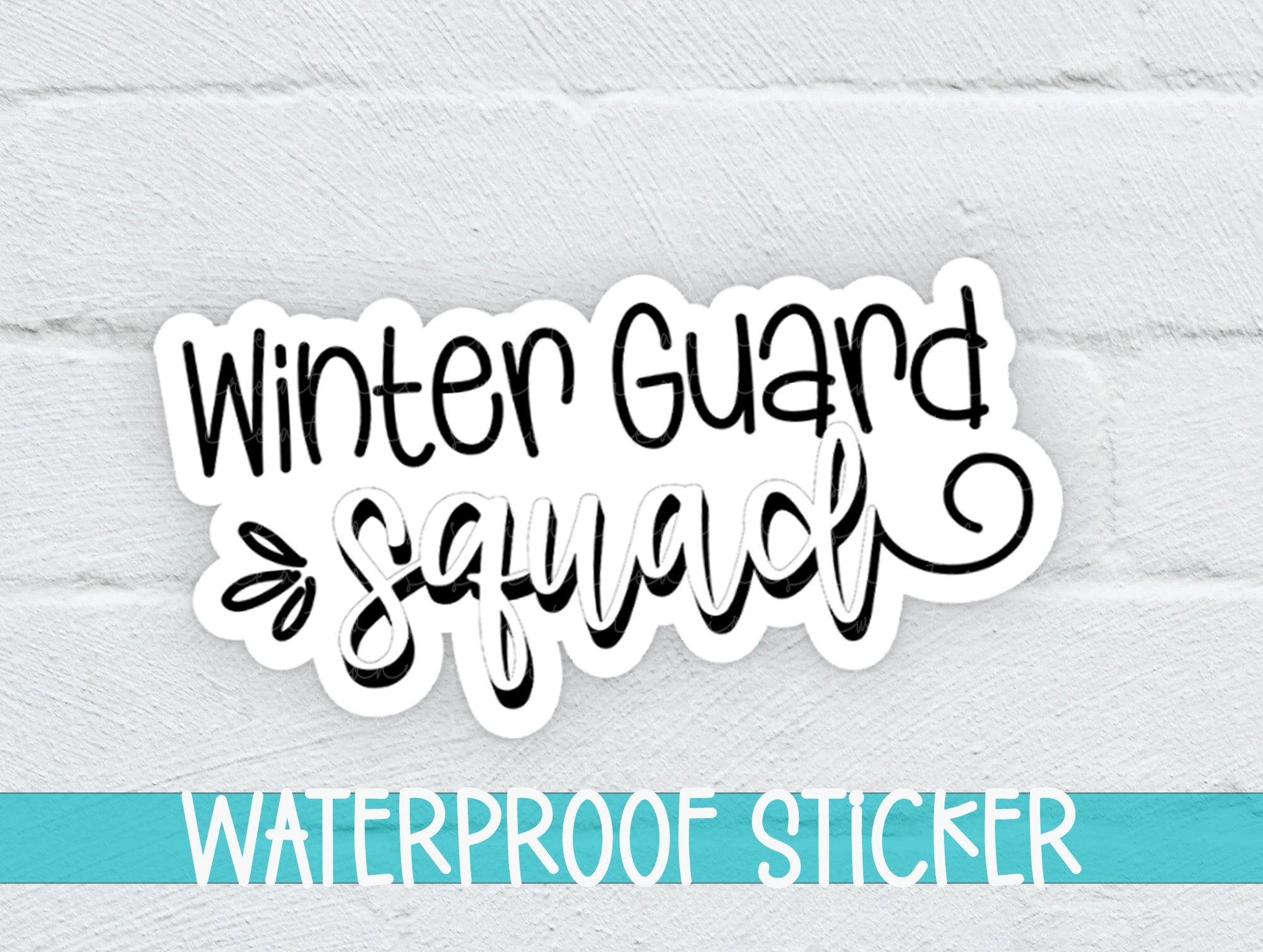 a white brick wall with a sticker that says winter guard saunach