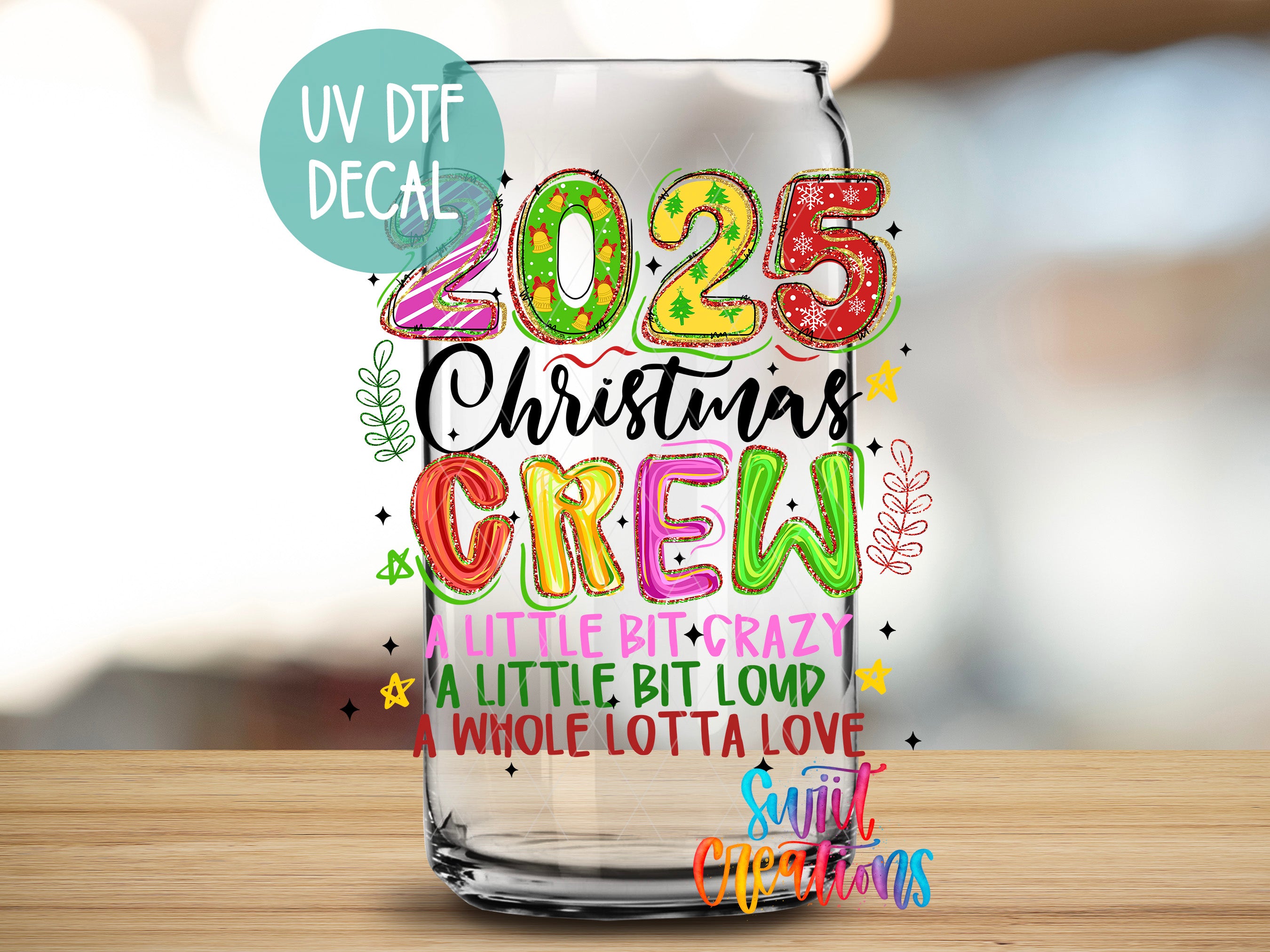 a colorful and whimsical design of a glass can with text and illustrations related to Christmas.