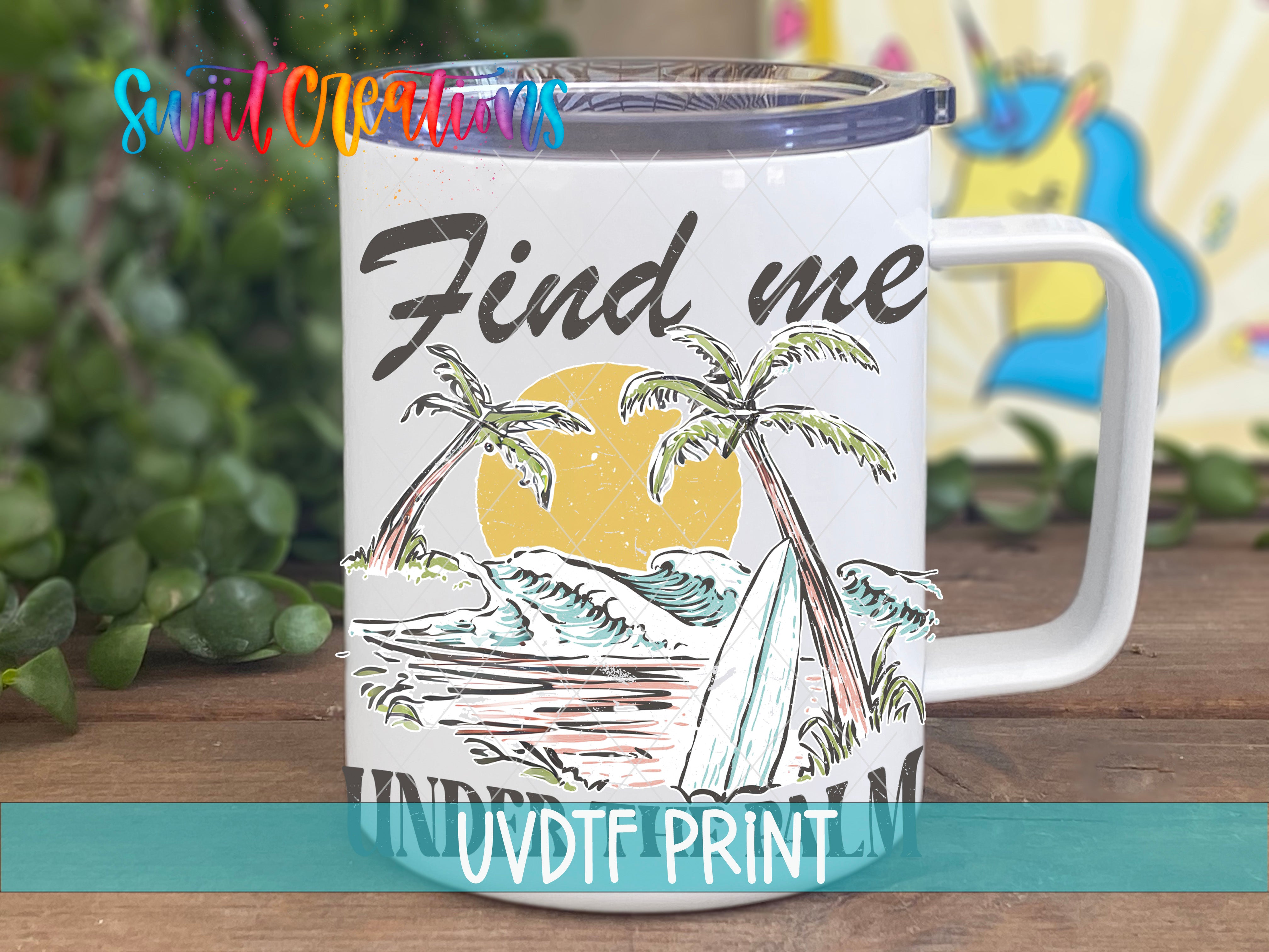 A white mug with a tropical beach scene printed on it, featuring palm trees, a surfboard, and a sunset.