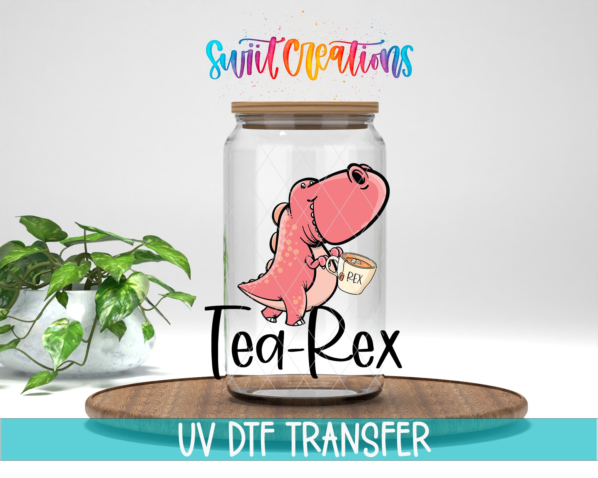 a glass jar with a cartoon dinosaur inside, along with the text "Tea-Rex" and "Swift Creations" written above it. There is also a plant in the background.